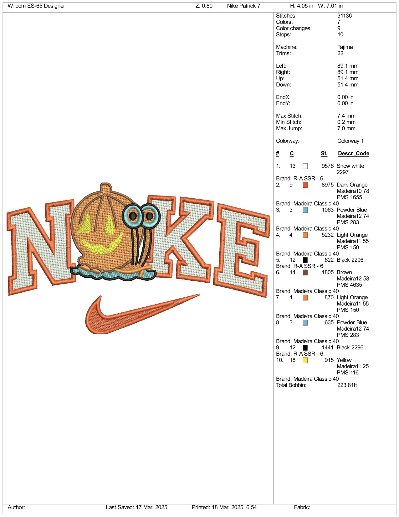 Nike Pumpkin Snail Embroidery Files - 3 Size's