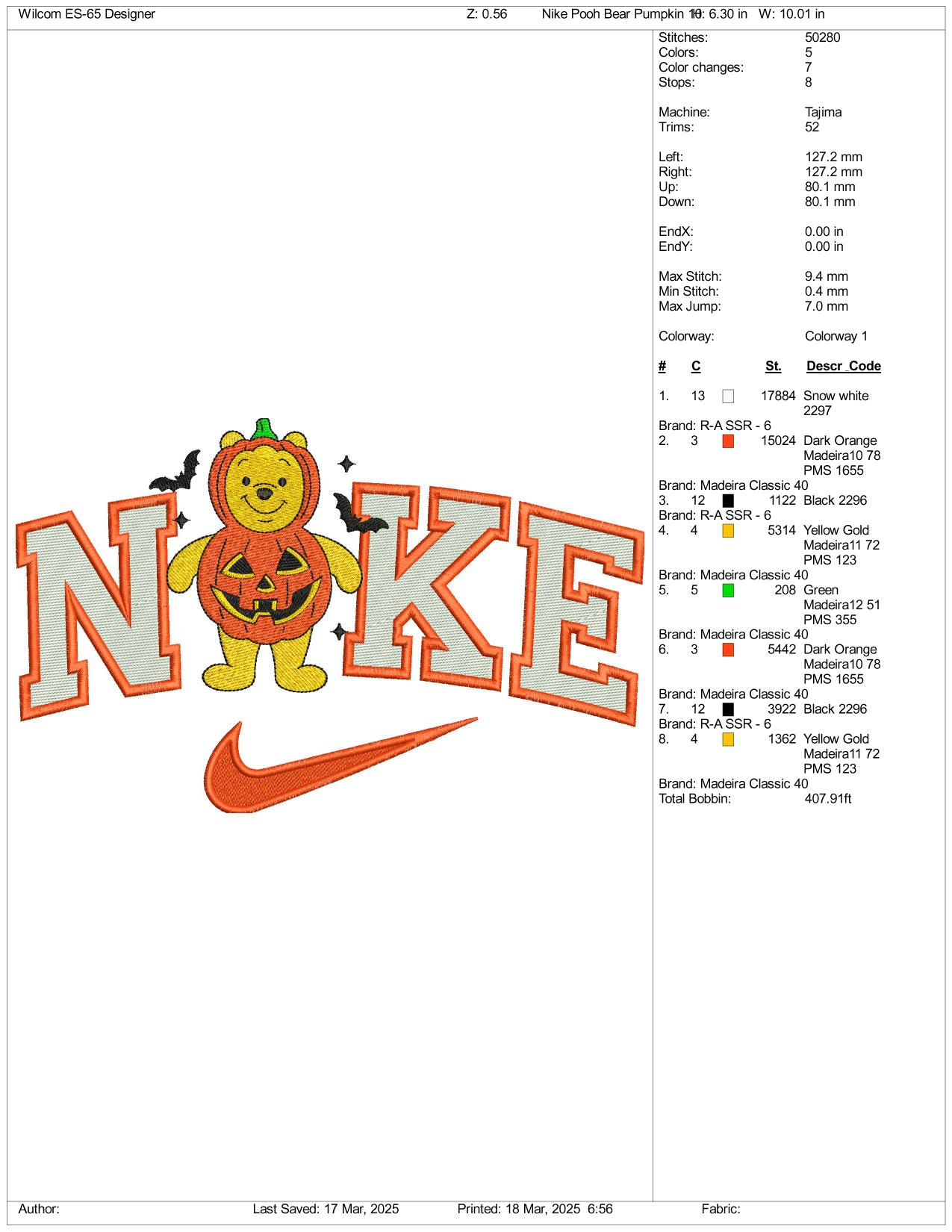 Archivos de bordado de calabaza de cosplay de Pooh de Nike (3 tamaños)