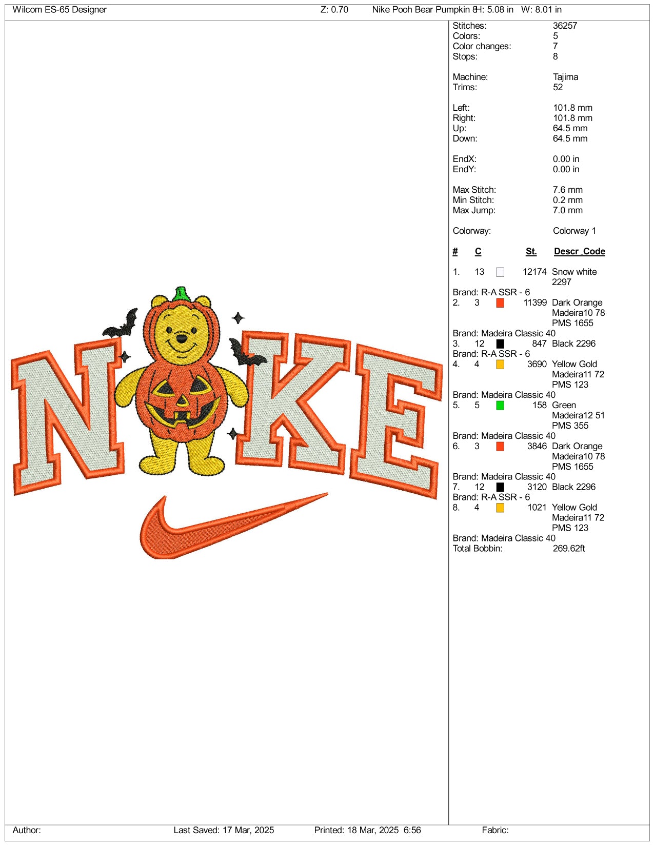 Nike Pooh Cosplay Pumpkin Embroidery Files - 3 Size's