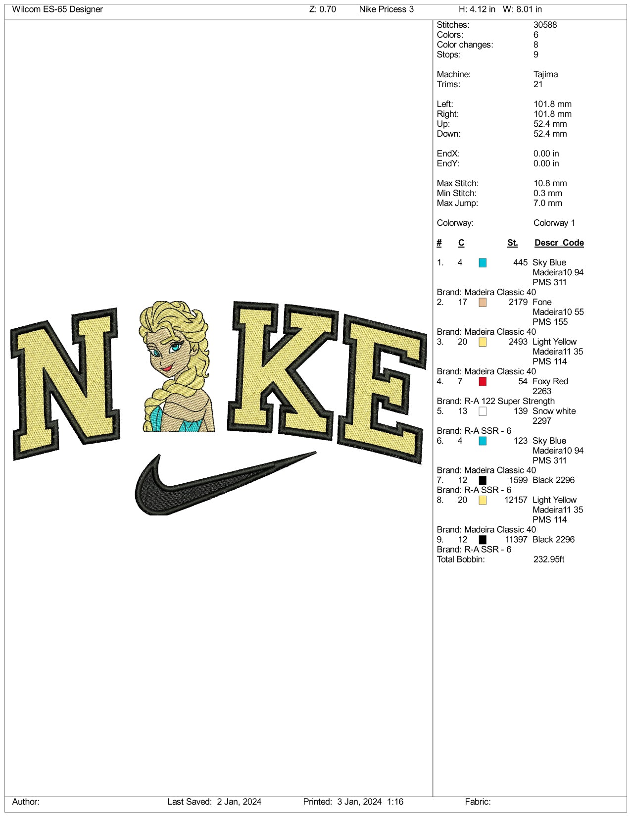 Archivos de diseño de bordado de medio cuerpo de Nike Elsa (3 tamaños)