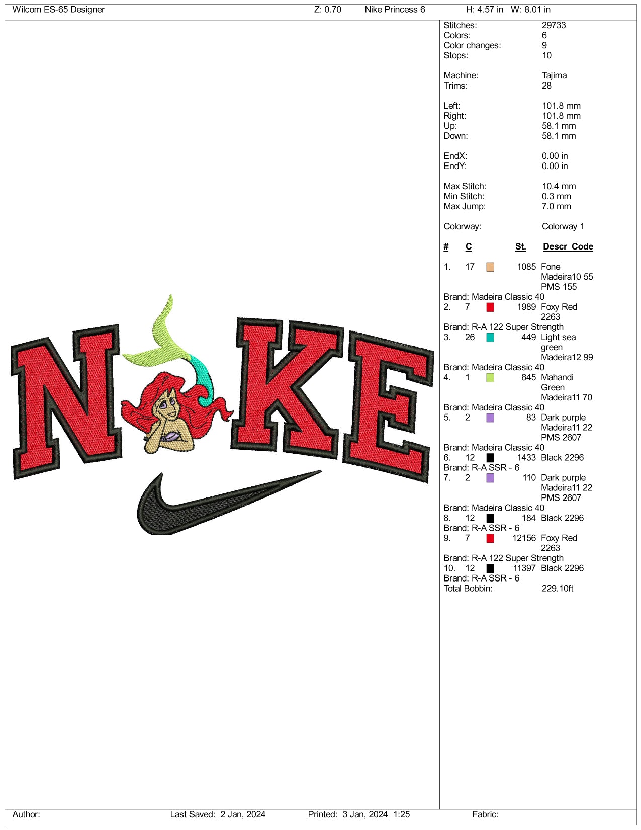Nike Ariel Half Body Embroidery Design Files - 3 Size's