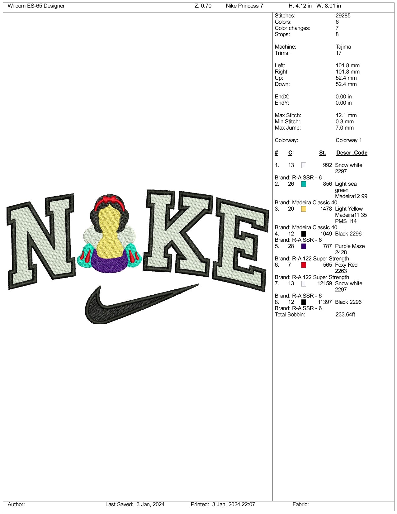 Nike Snow White Half Body Embroidery Design Files - 3 Size's