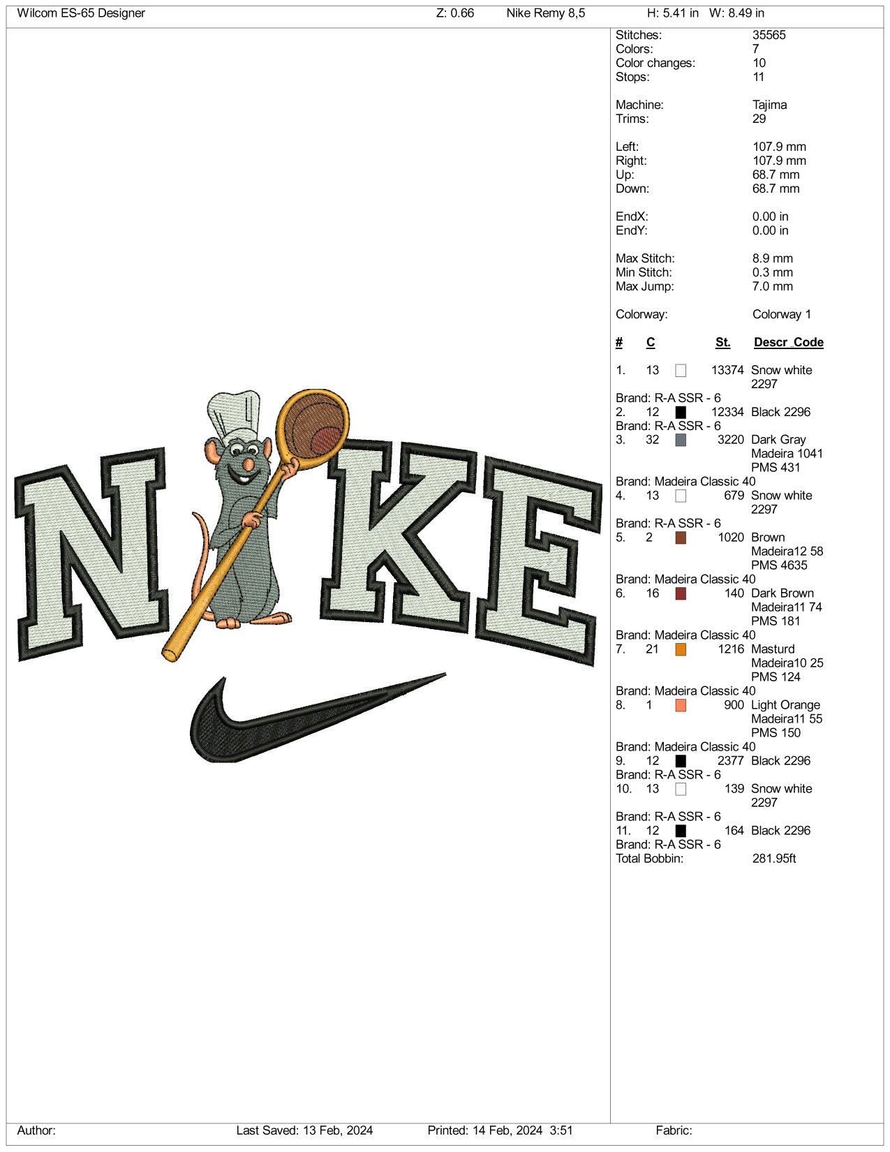 Archivos de diseño de bordado de Ratatouille de Nike (3 tamaños)