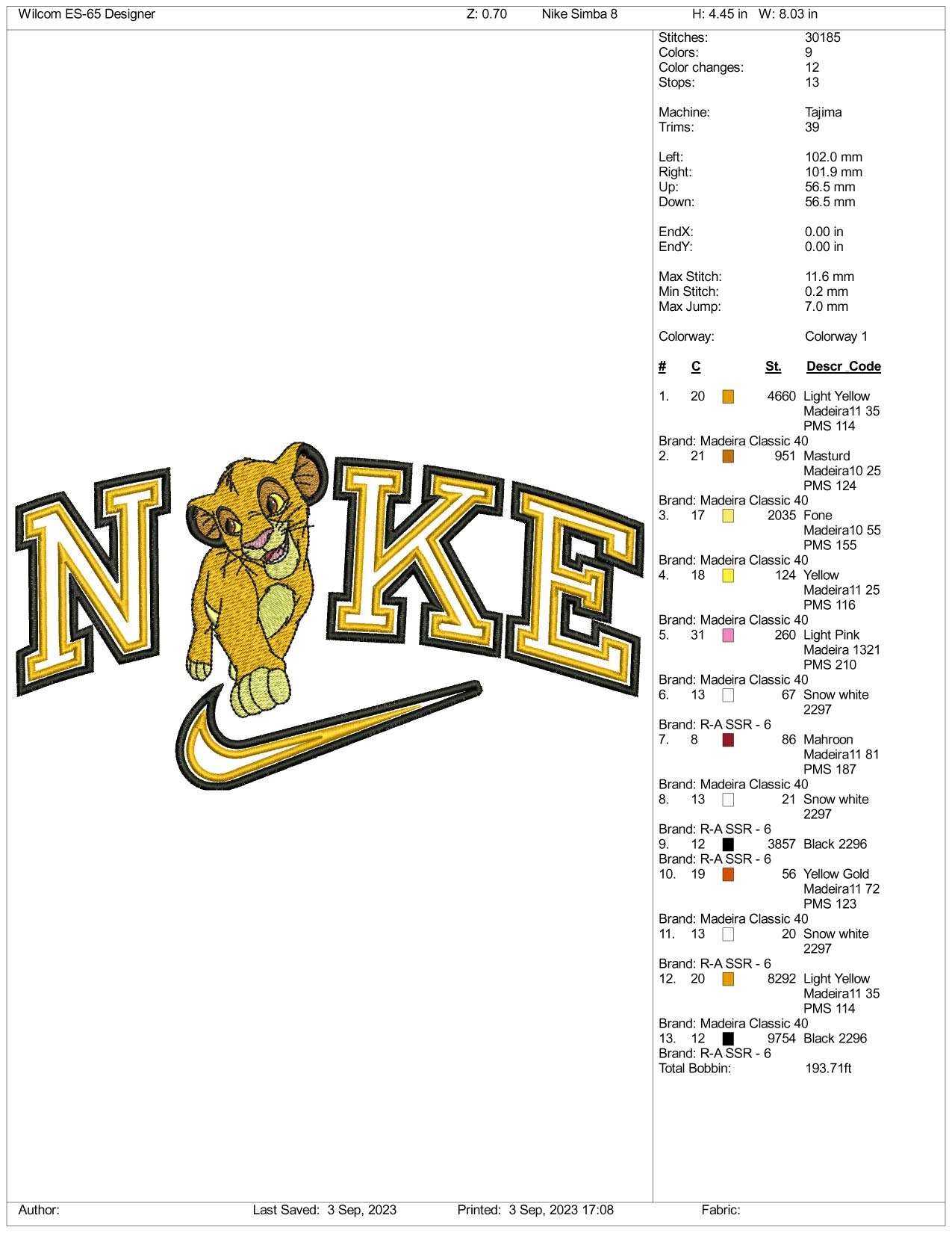 NIke Simba Embroidery Design Files - 3 Size's