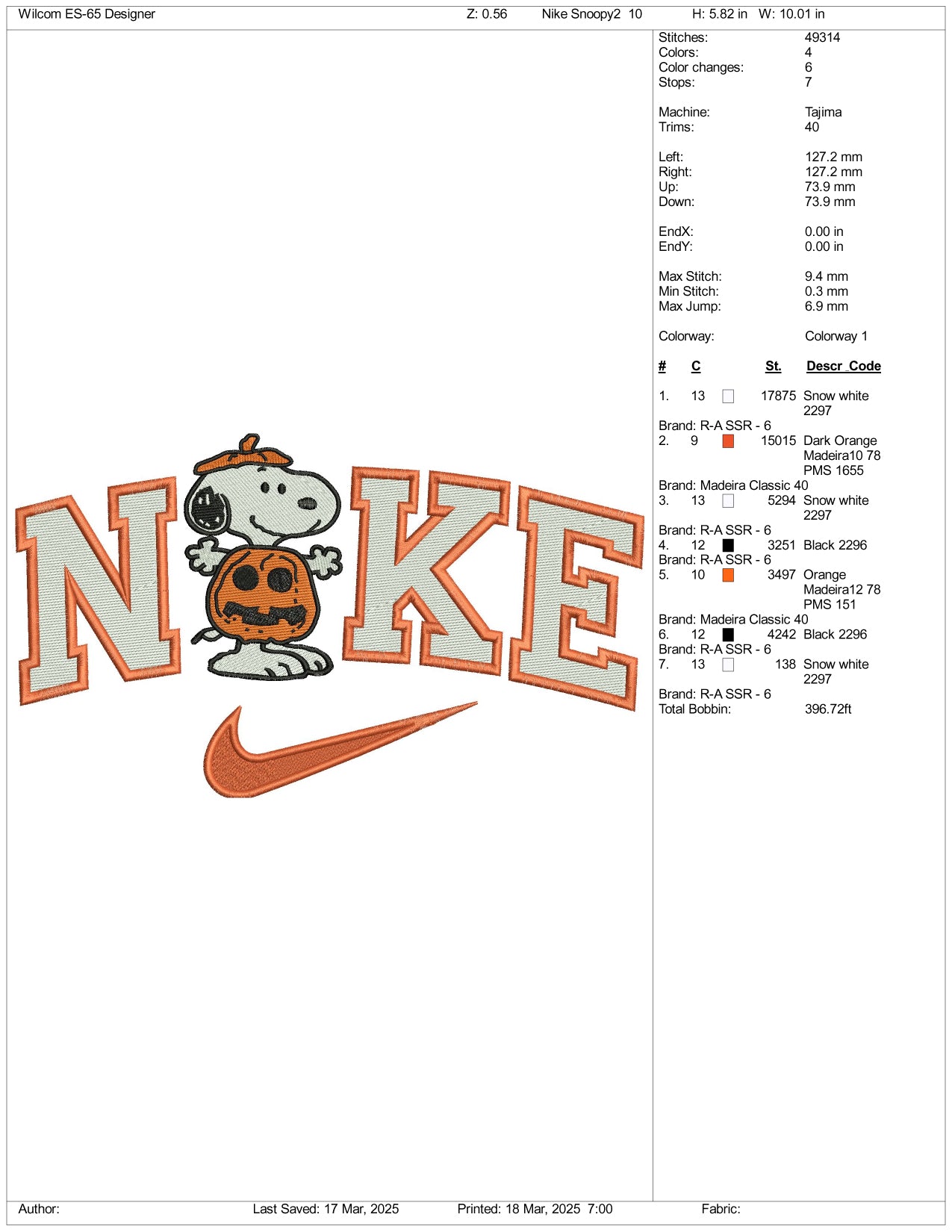 Nike Snoopy Pumpkin Embroidery Files - 3 Size's