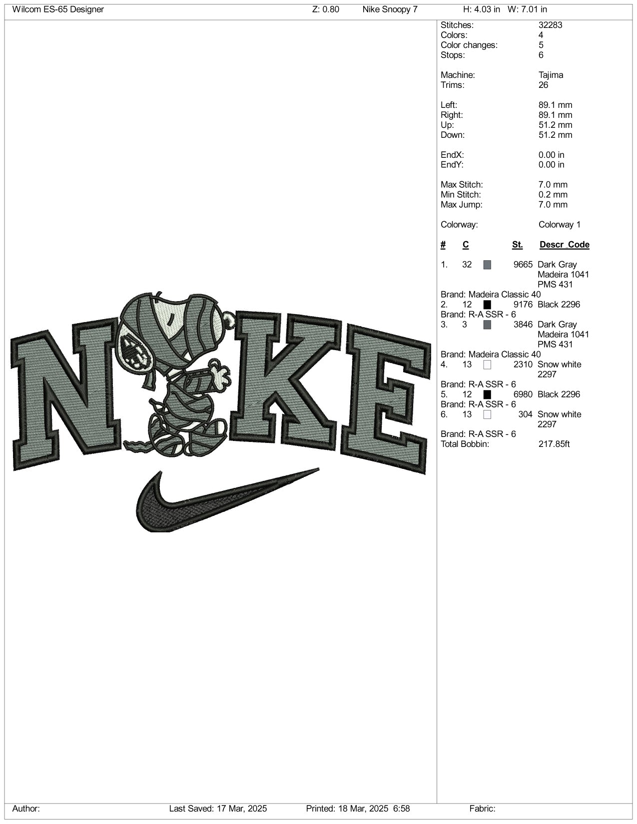 Nike Mummy Snoopy Embroidery Files - 3 Size's