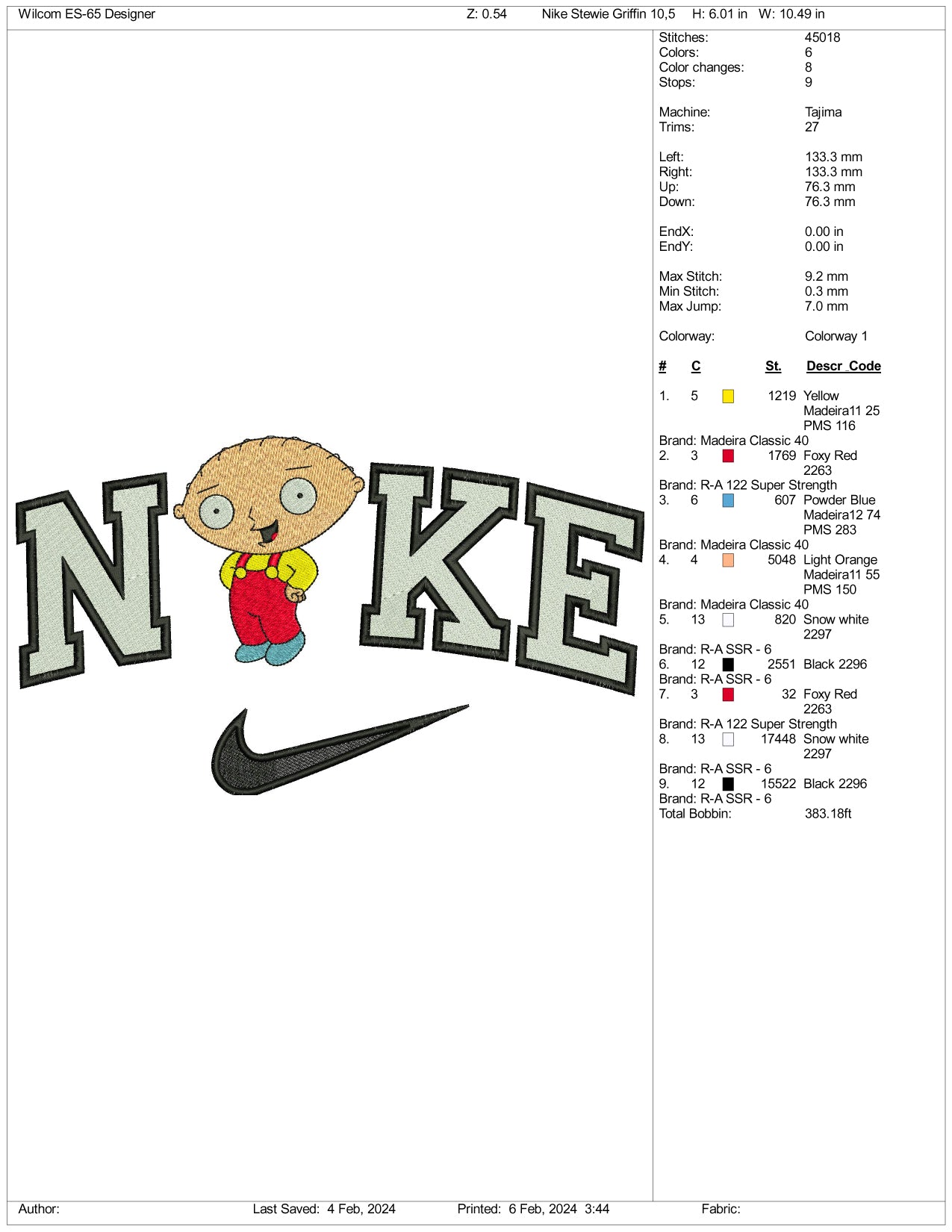 Archivos de diseño de bordado Nike Stewie Griffin - 3 tamaños