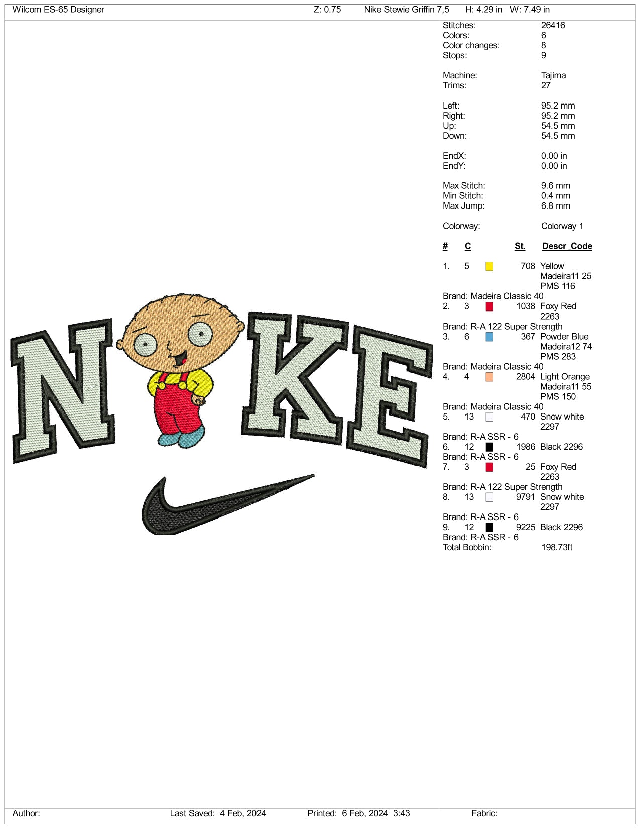 Archivos de diseño de bordado Nike Stewie Griffin - 3 tamaños