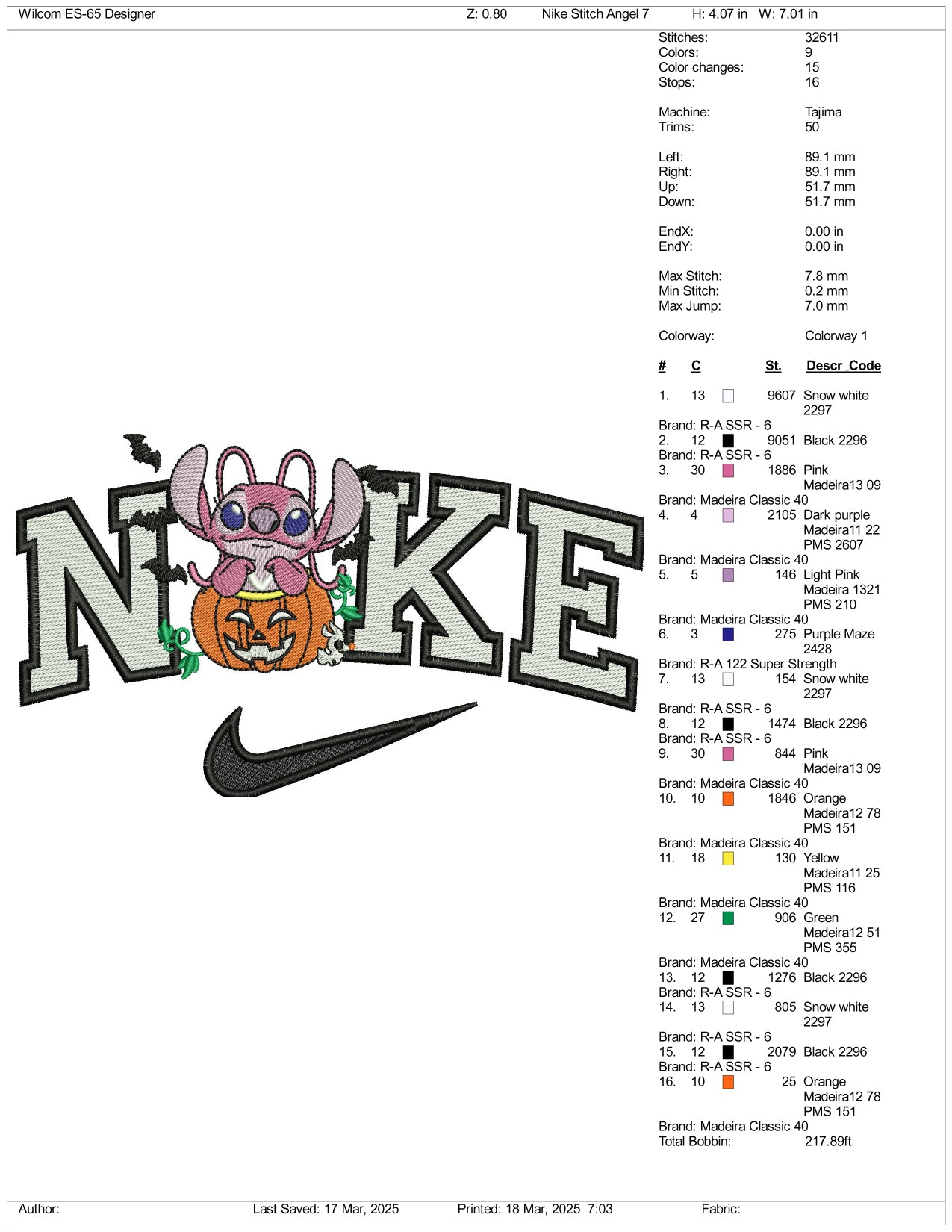 Nike Angel In The Pumpkin Embroidery Files - 3 Size's