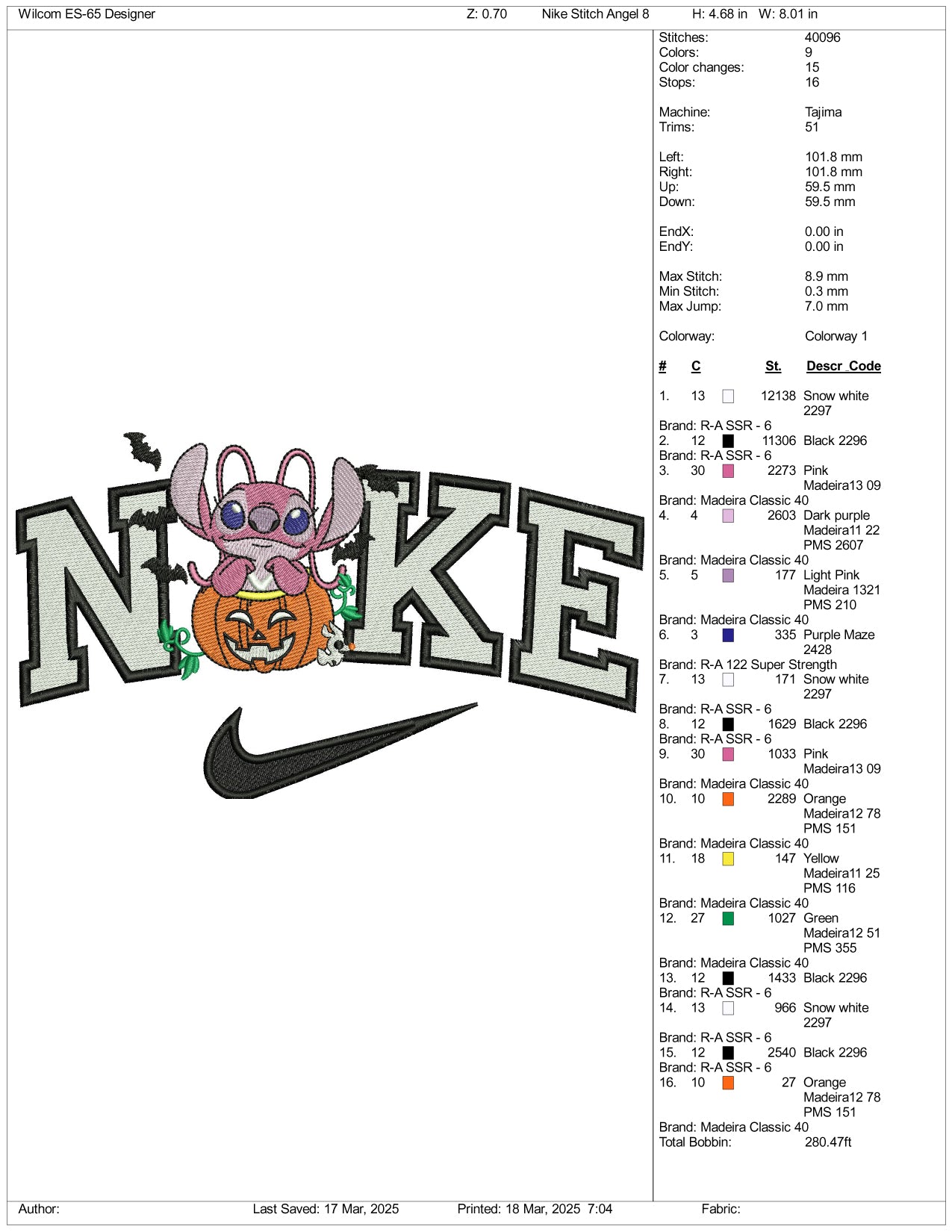 Nike Angel In The Pumpkin Embroidery Files - 3 Size's
