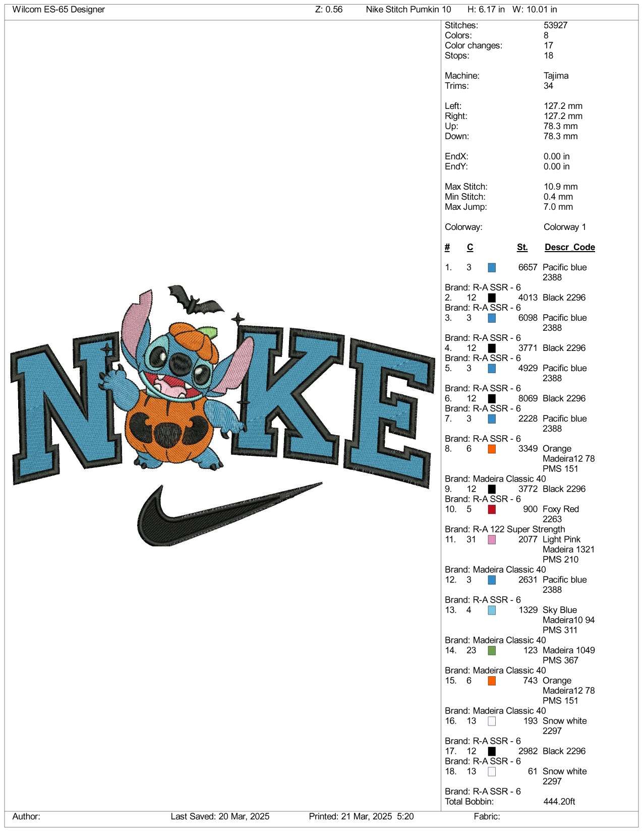 Nike Stitch Cosplay Pumpkin Embroidery Files - 3 Size's