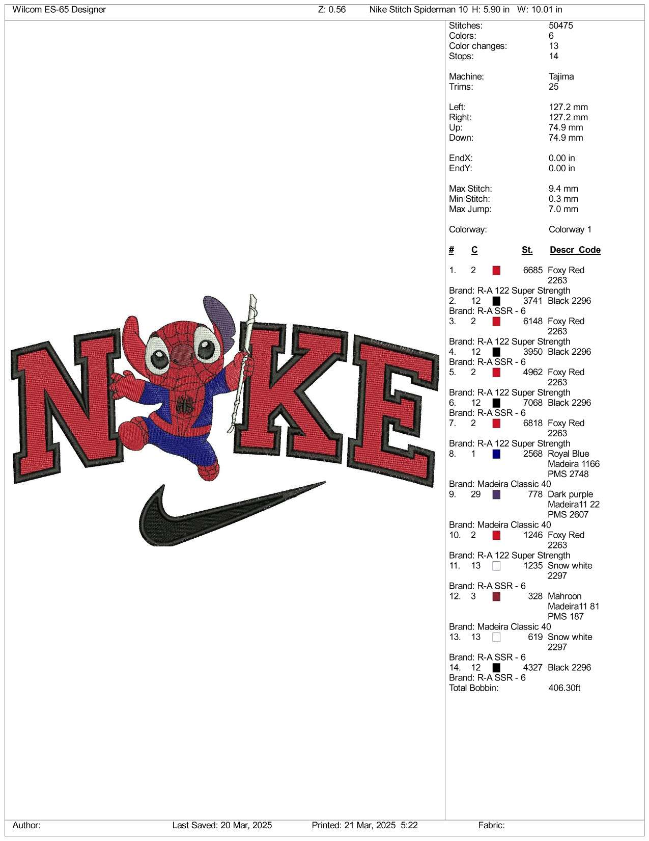 Nike Stitch Cosplay Spider Man Embroidery Files - 3 Size's