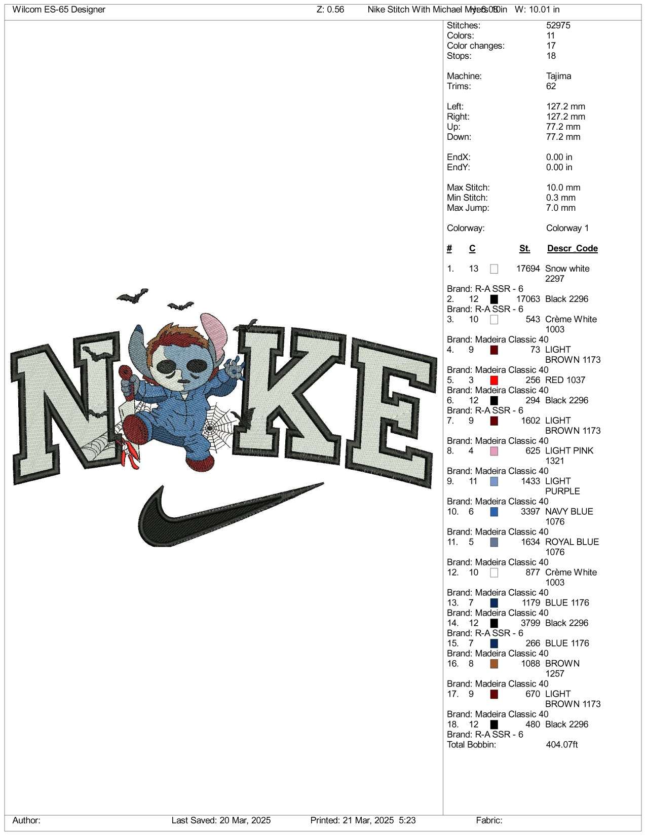 Nike Stitch Michael Myers v2 Embroidery Files - 3 Size's