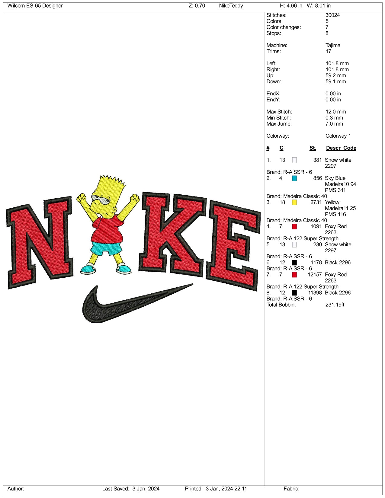 Archivos de diseño de bordado de cuerpo completo de Nike Bart (3 tamaños)