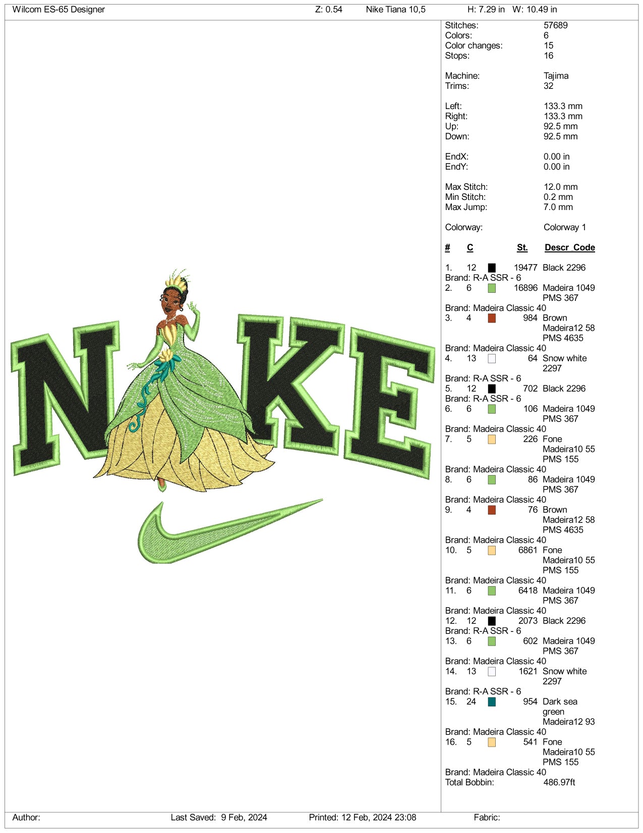 Archivos de diseño de bordado Nike Princesa Tiana - 3 tamaños