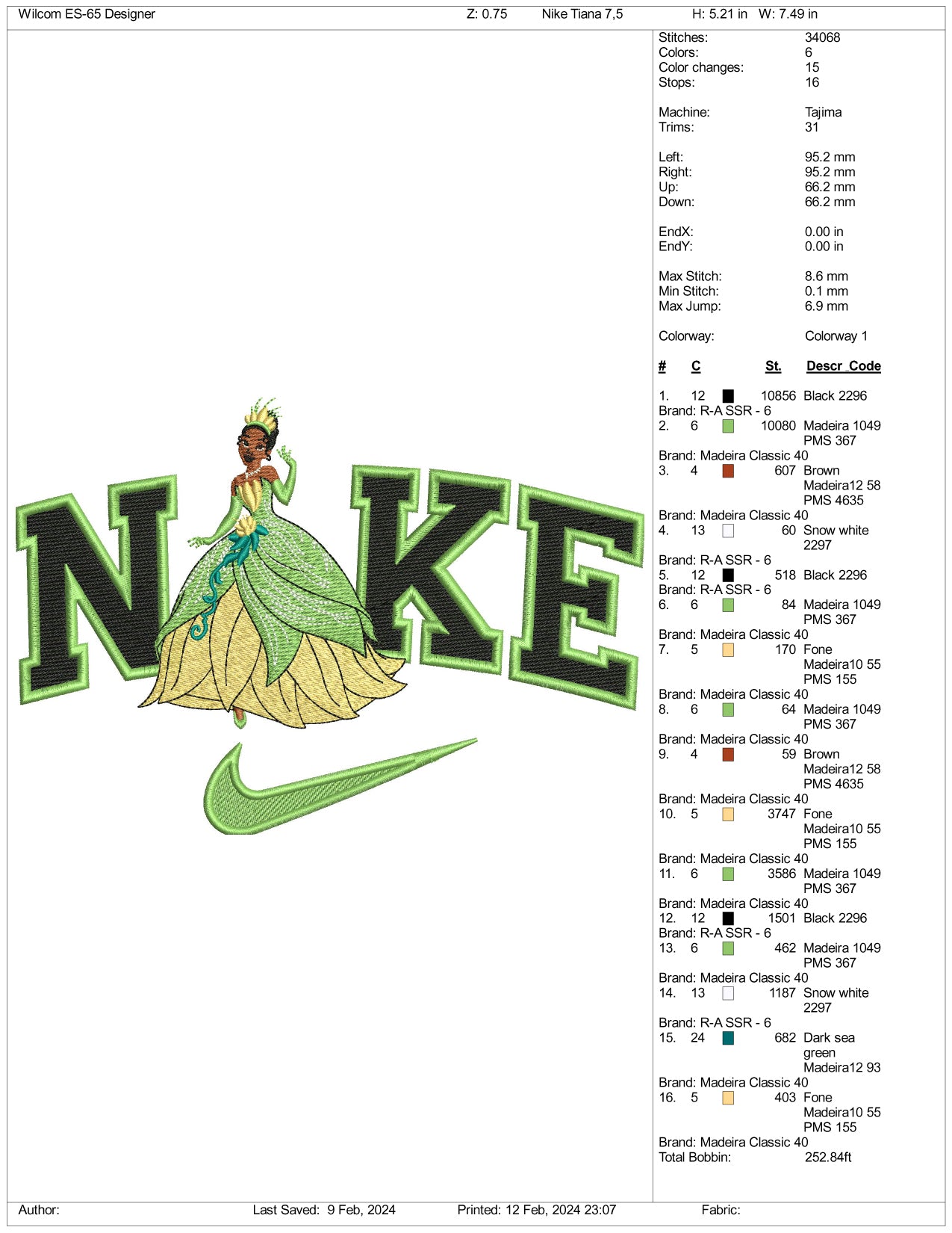 Archivos de diseño de bordado Nike Princesa Tiana - 3 tamaños