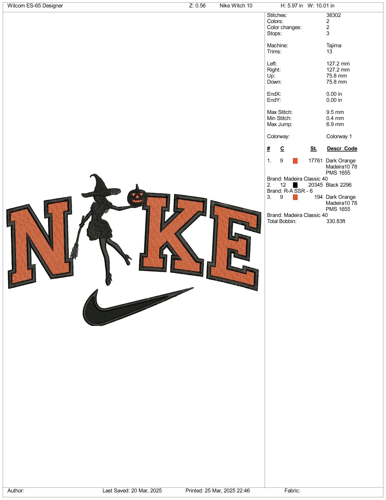 Nike Pumpkin Witch Embroidery Files - 3 Size's