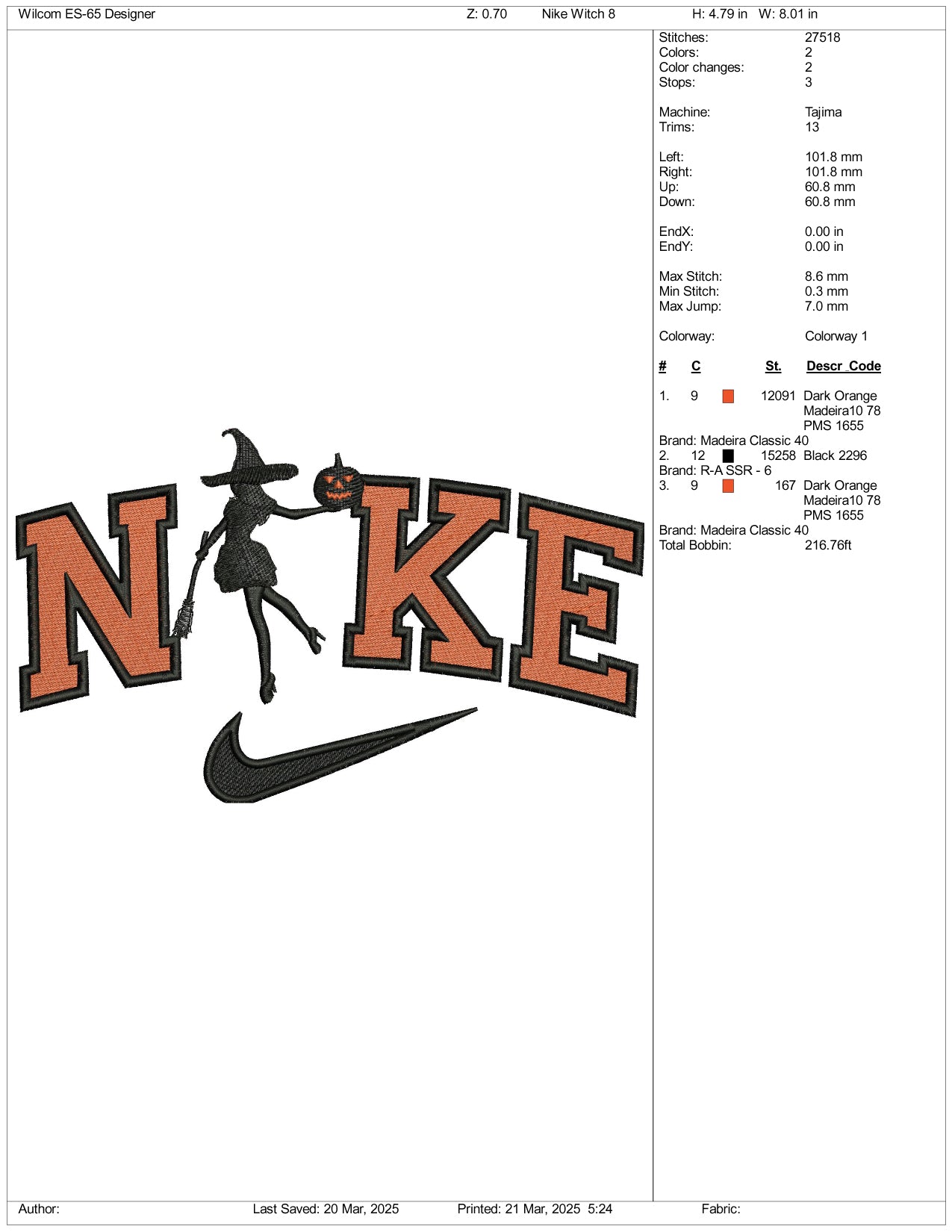 Nike Pumpkin Witch Embroidery Files - 3 Size's