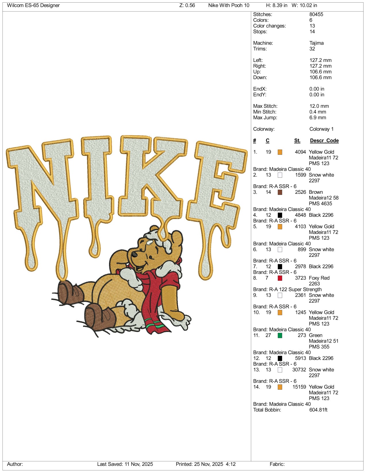 Nike Pooh v6 Embroidery Design Files - 3 Size's