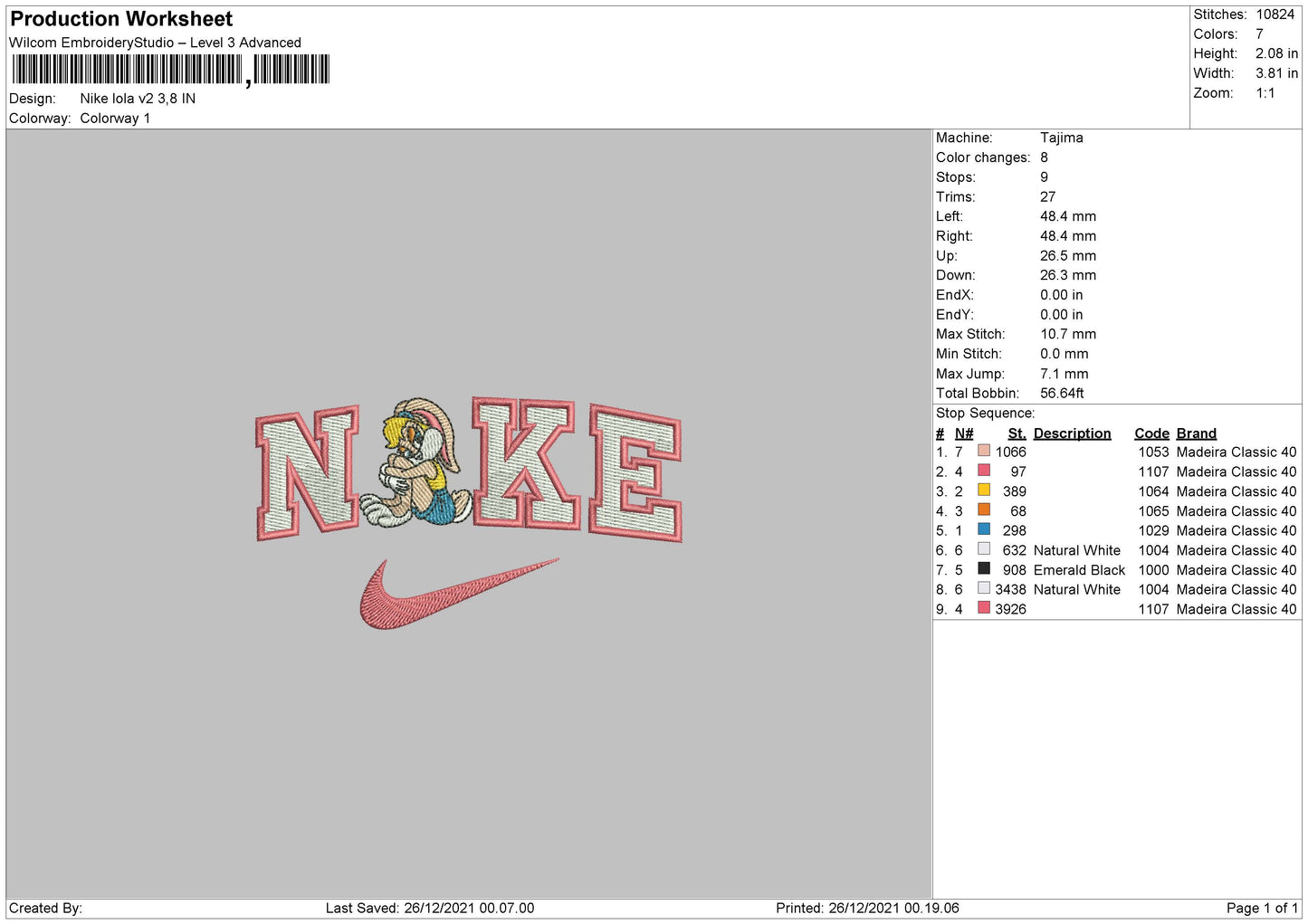 Nike Lola Bunny v2 Embroidery Design Files - 4 Size's