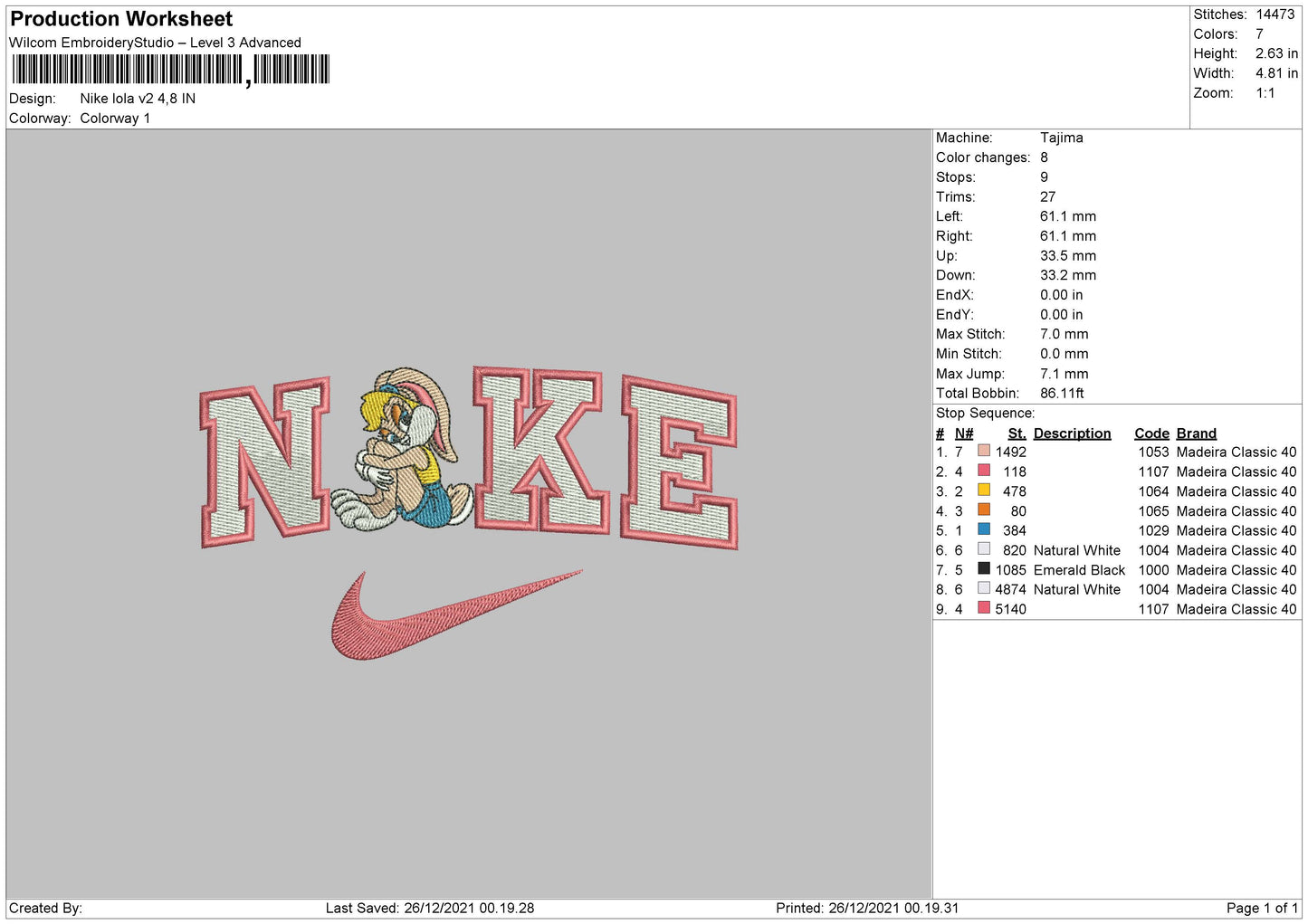 Nike Lola Bunny v2 Embroidery Design Files - 4 Size's