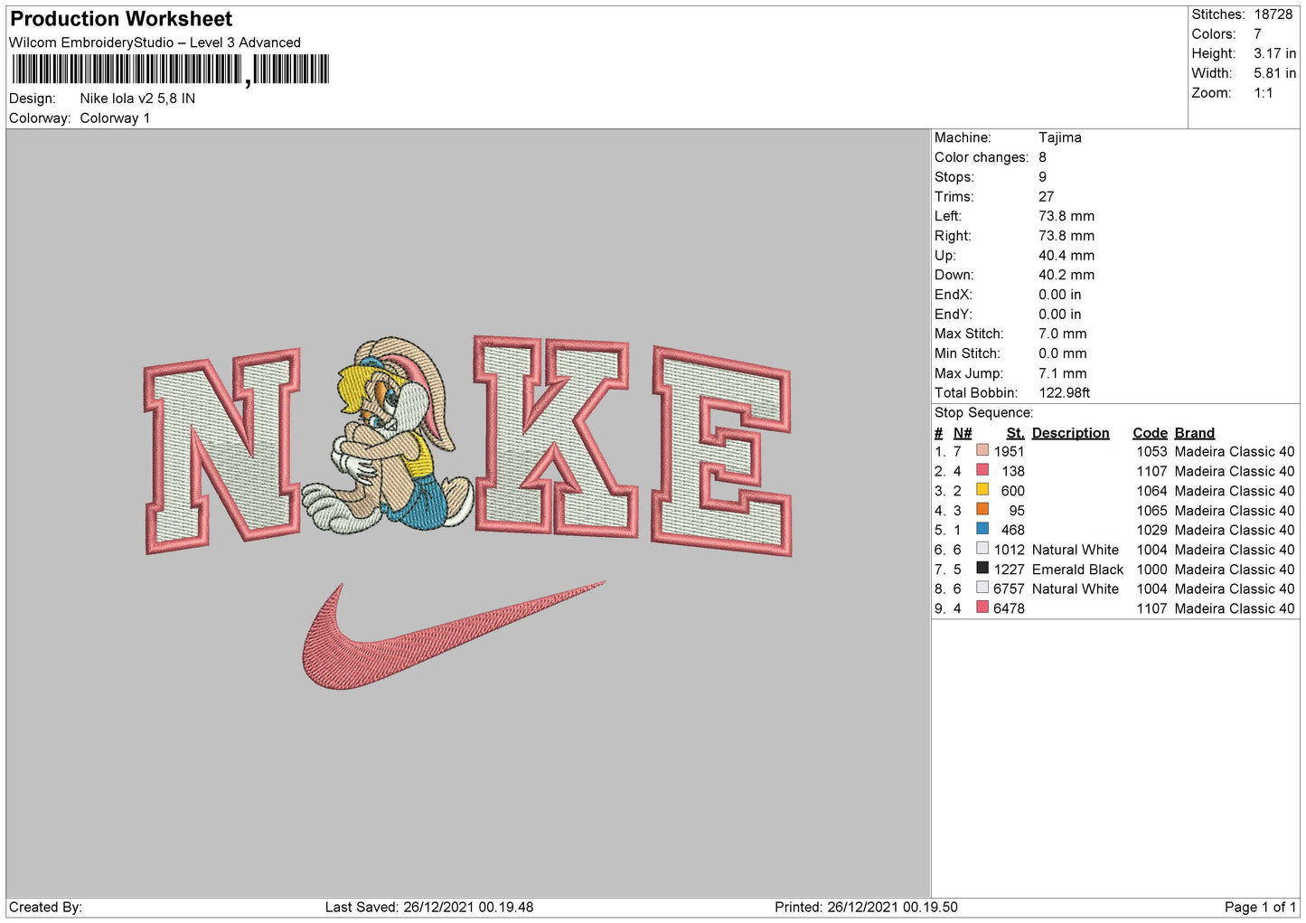 Nike Lola Bunny v2 Embroidery Design Files - 4 Size's