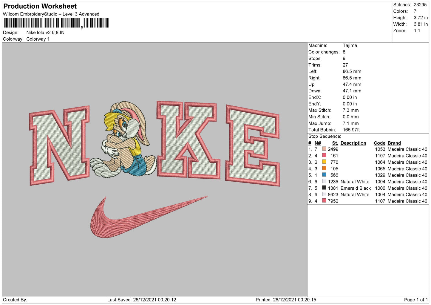 Nike Lola Bunny v2 Embroidery Design Files - 4 Size's