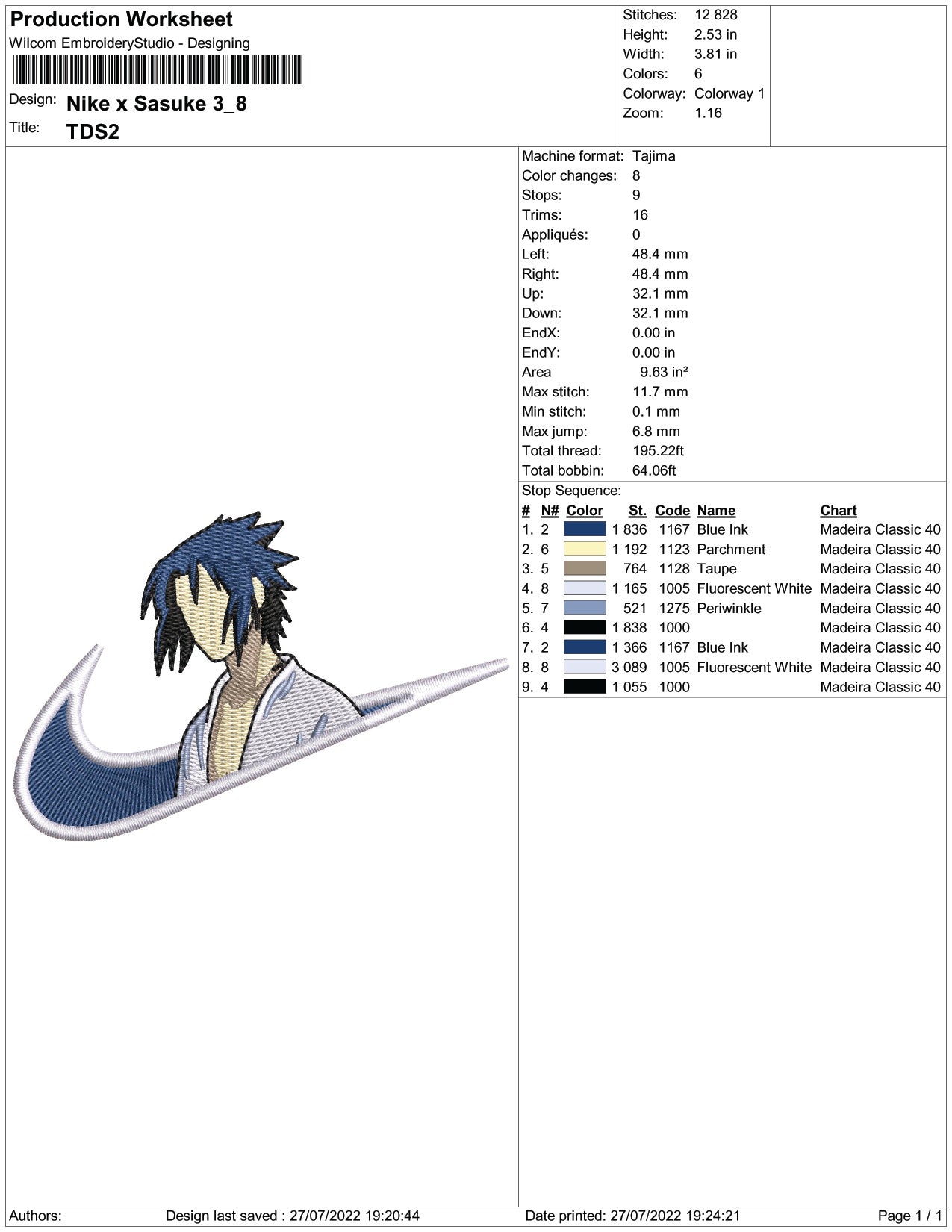 Sasuke Uchiha Swoosh v9 Embroidery Design Files - 4 Size's