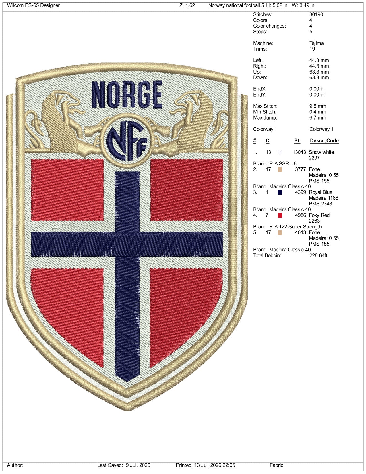 Norway National Football Logo Embroidery Design Files - 3 Size's