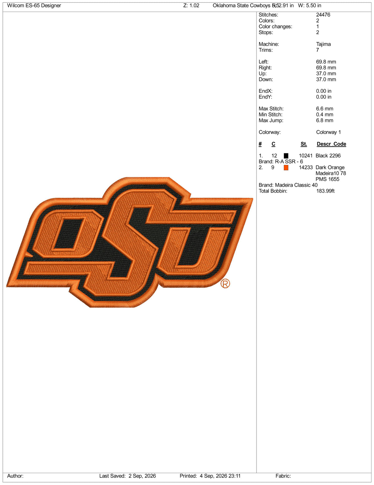 Oklahoma State Cowboys Logo Embroidery Design Files - 3 Size's