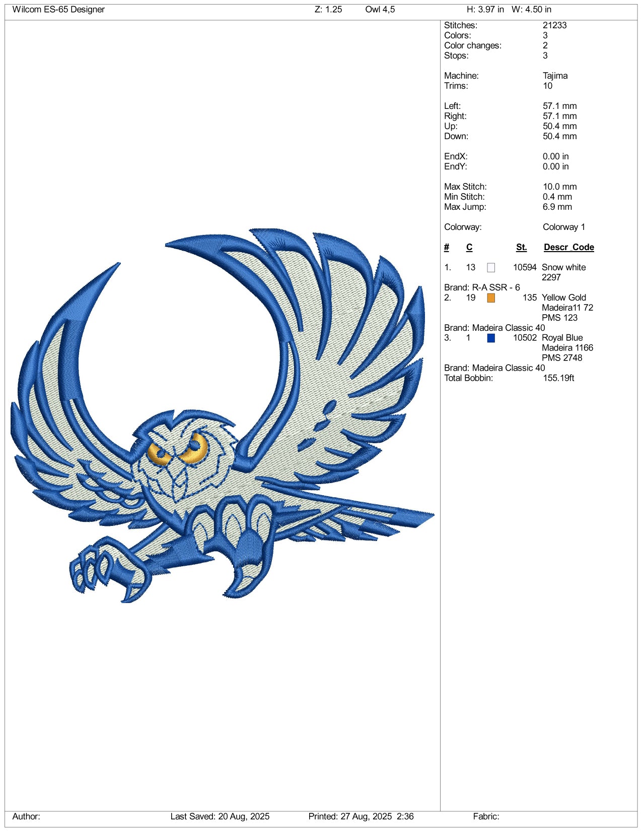 Owl v3 Embroidery Design Files - 3 Size's
