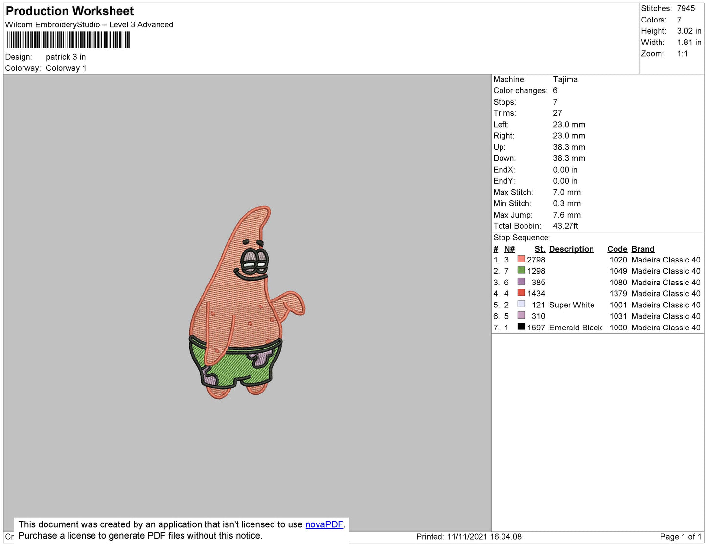 Patrick Star Embroidery Design Files - 4 Size's