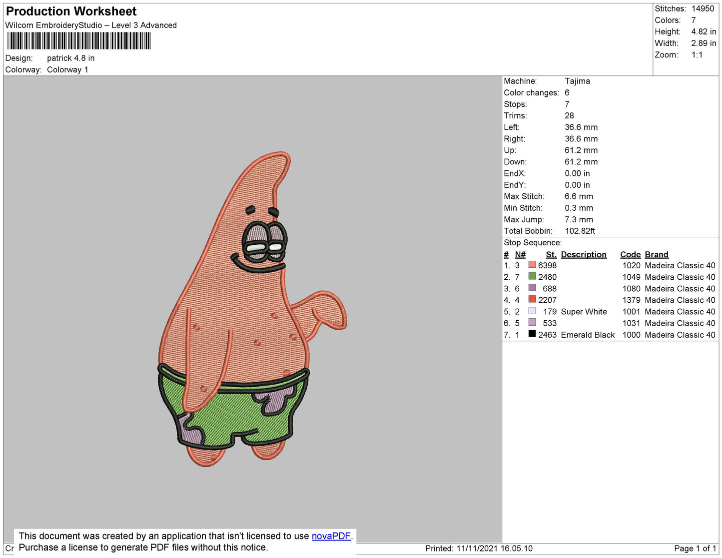 Patrick Star Embroidery Design Files - 4 Size's
