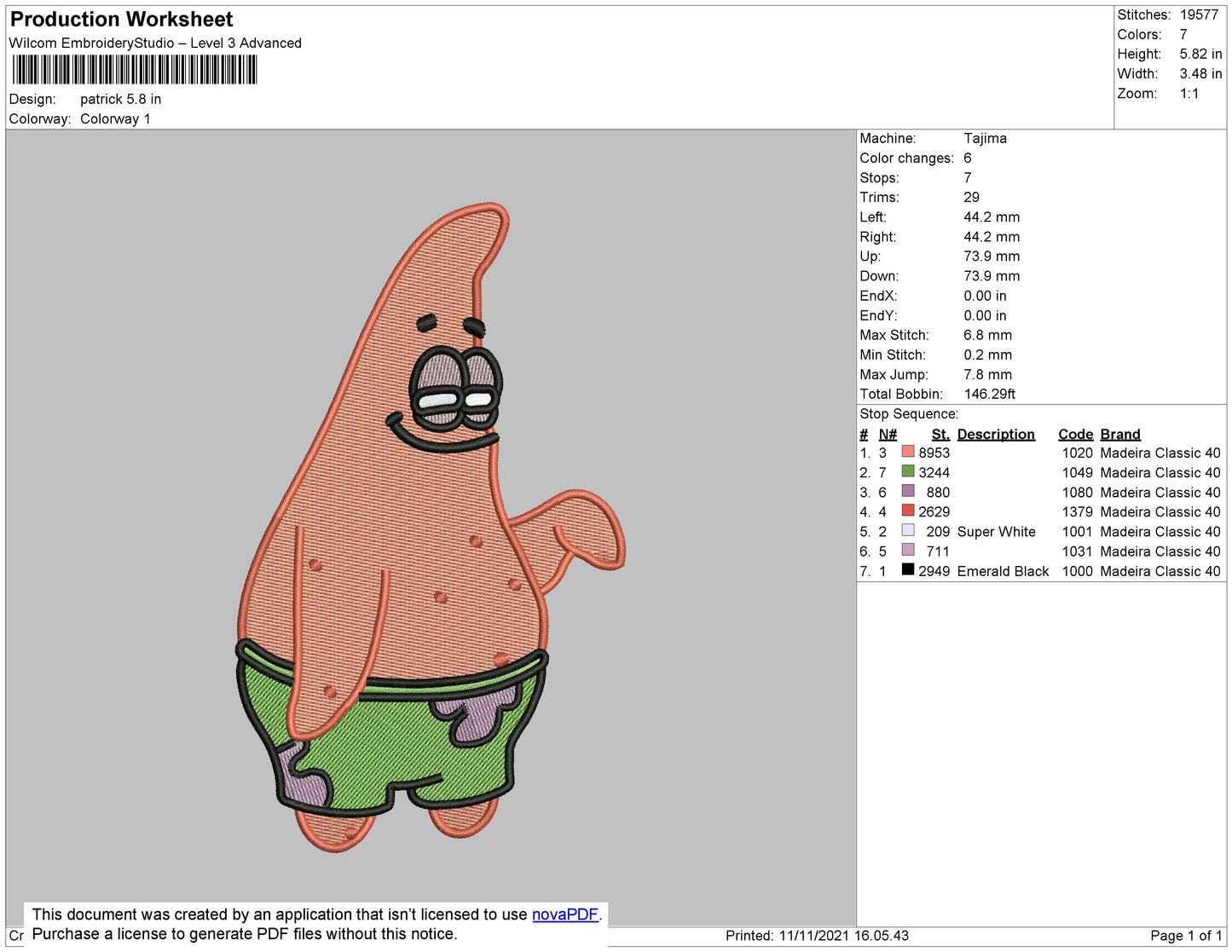Patrick Star Embroidery Design Files - 4 Size's