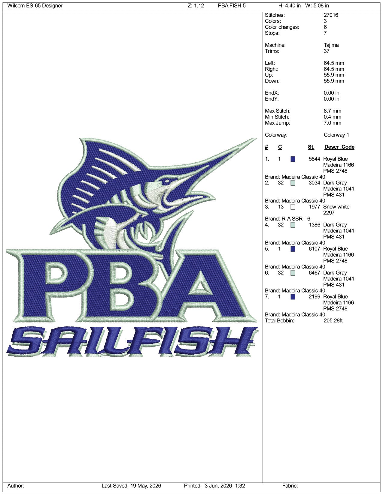 PBA Sailfish Logo Embroidery Design Files - 3 Size's