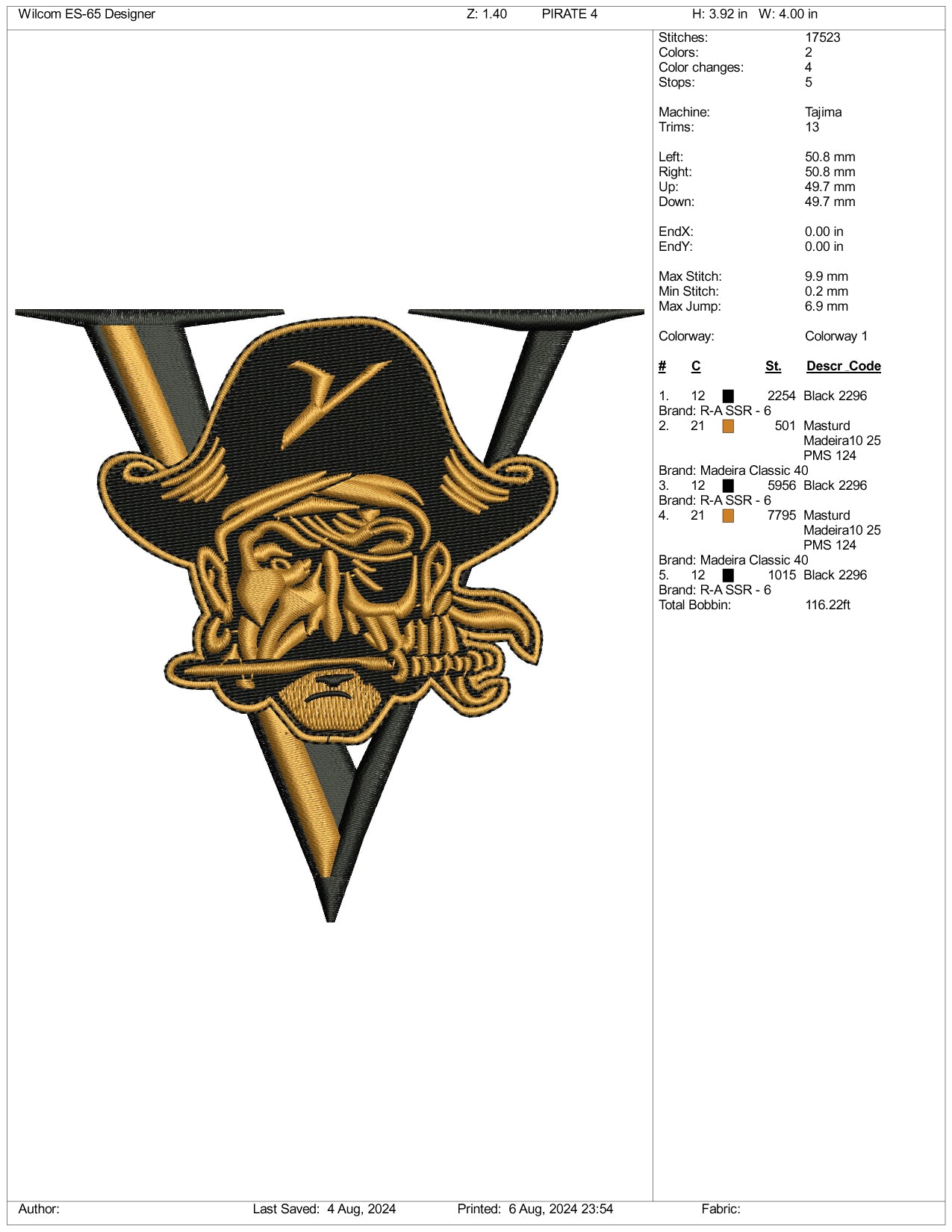 Pirate V Embroidery Files - 3 Size's