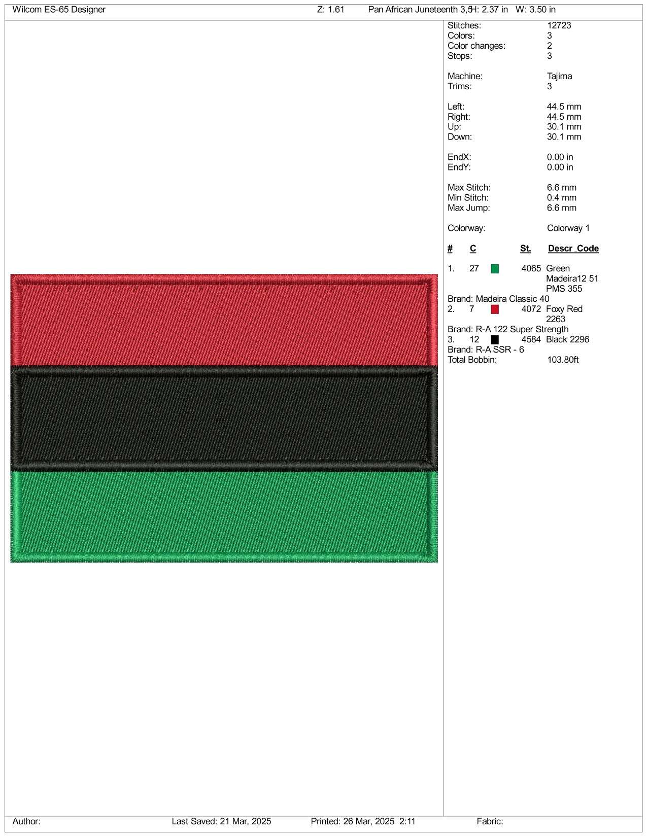 Pan African Flag Embroidery Design Files - 3 Size's