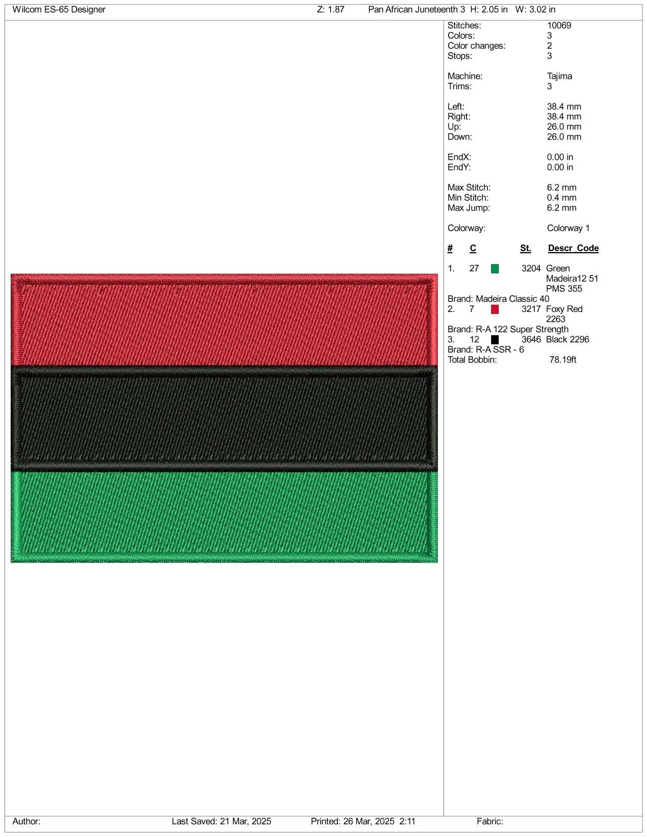 Pan African Flag Embroidery Design Files - 3 Size's