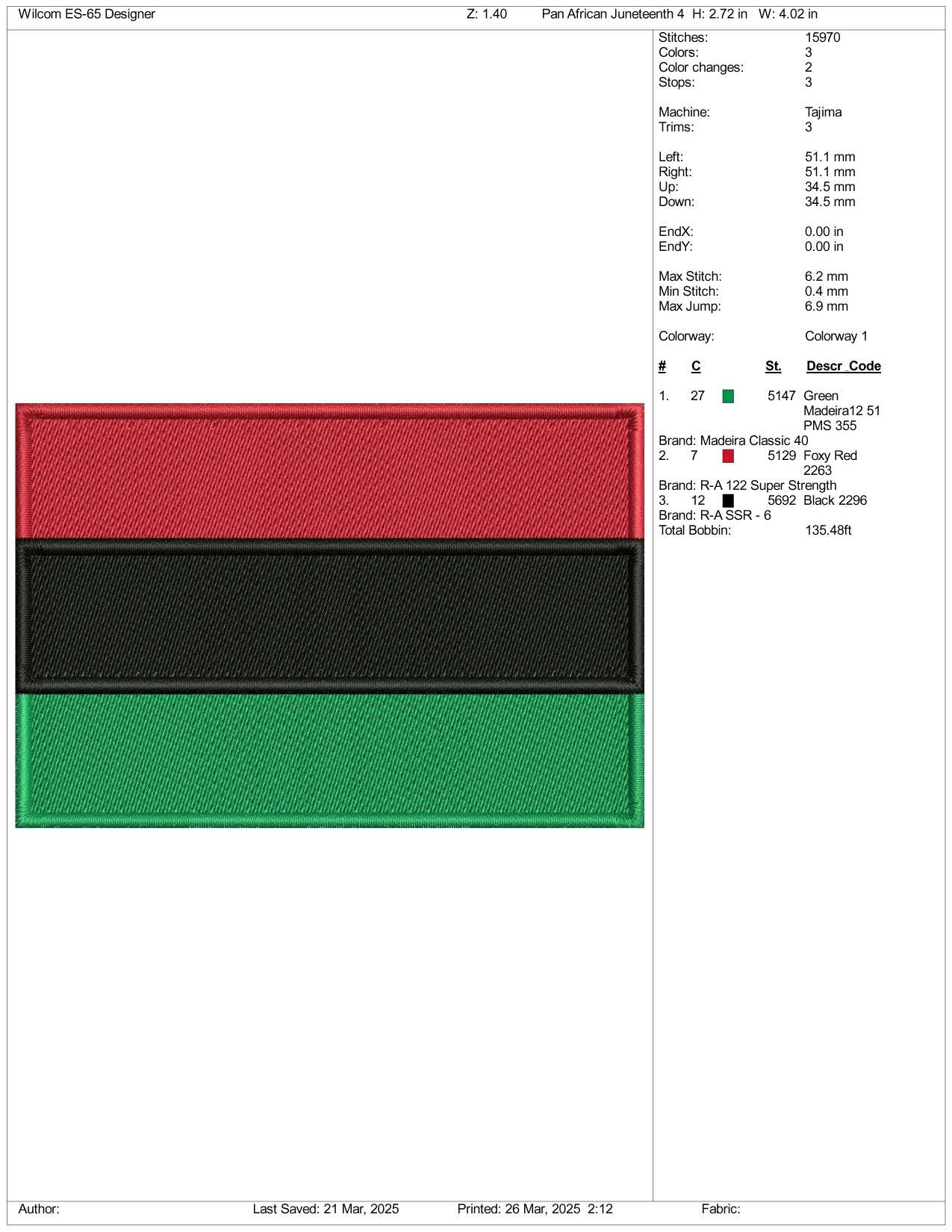 Pan African Flag Embroidery Design Files - 3 Size's