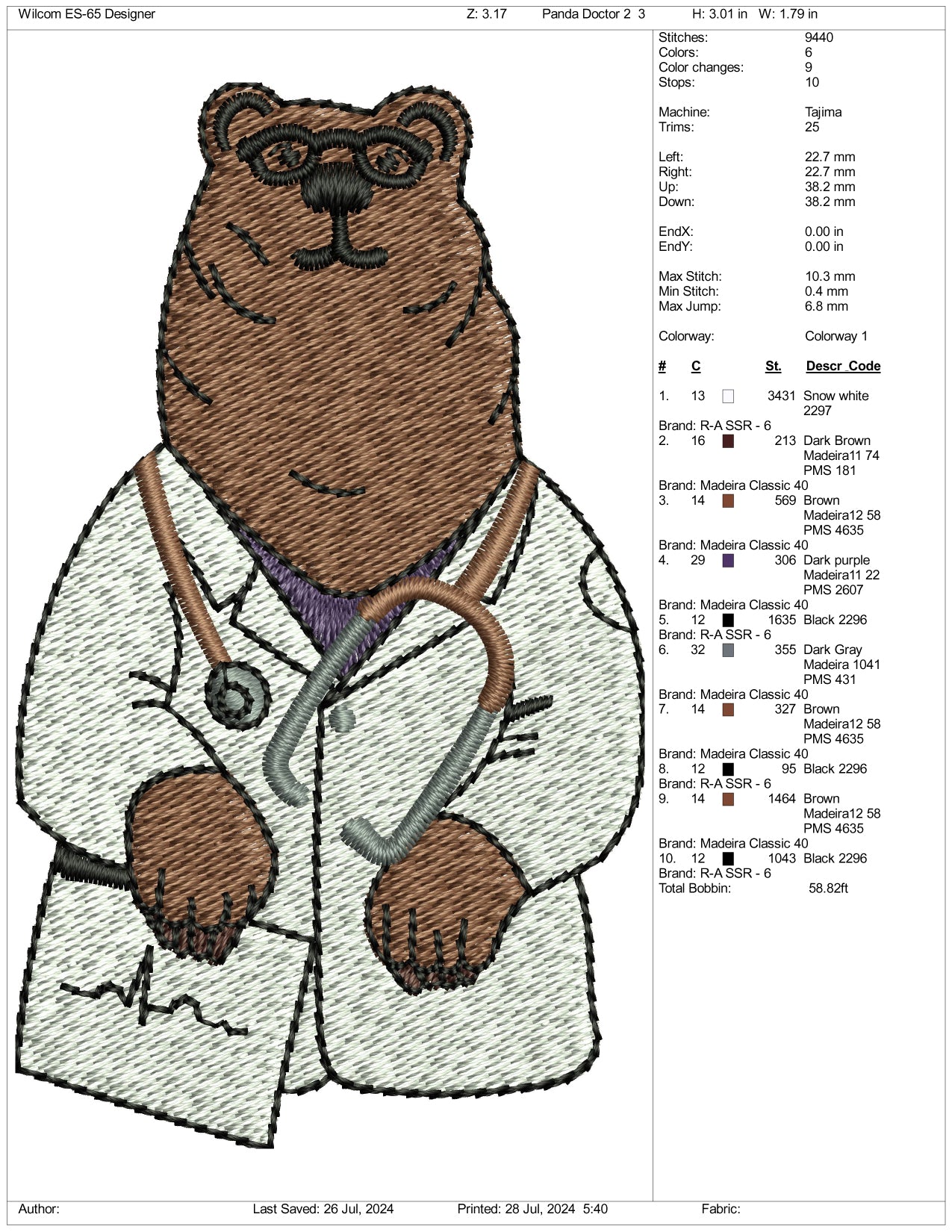 Dr Bear v2 Embroidery Files - 3 Size's
