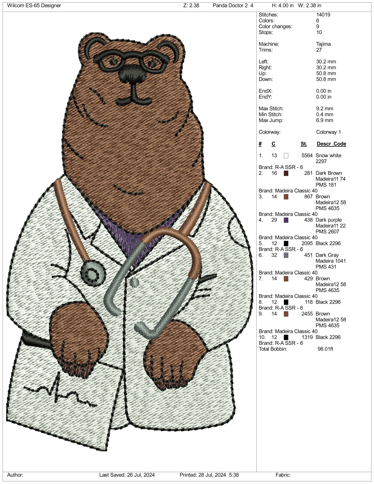 Dr Bear v2 Embroidery Files - 3 Size's