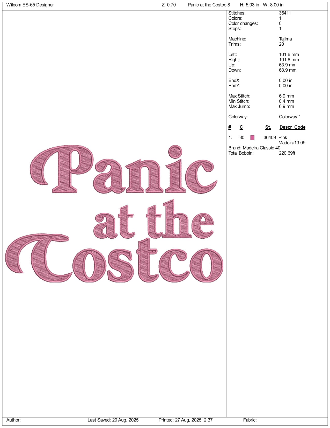 Panic at The Costco Embroidery Design Files - 3 Size's