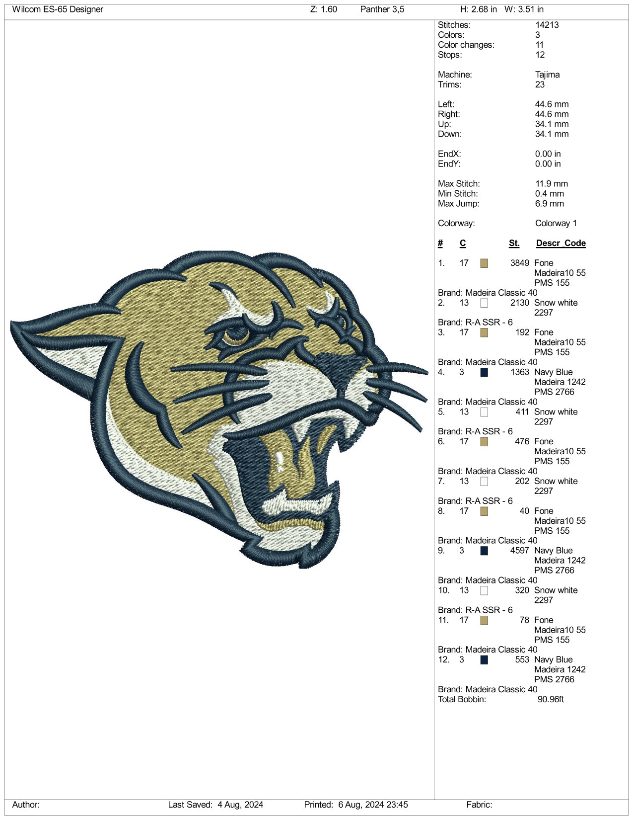 Panther Face Embroidery Files - 3 Size's