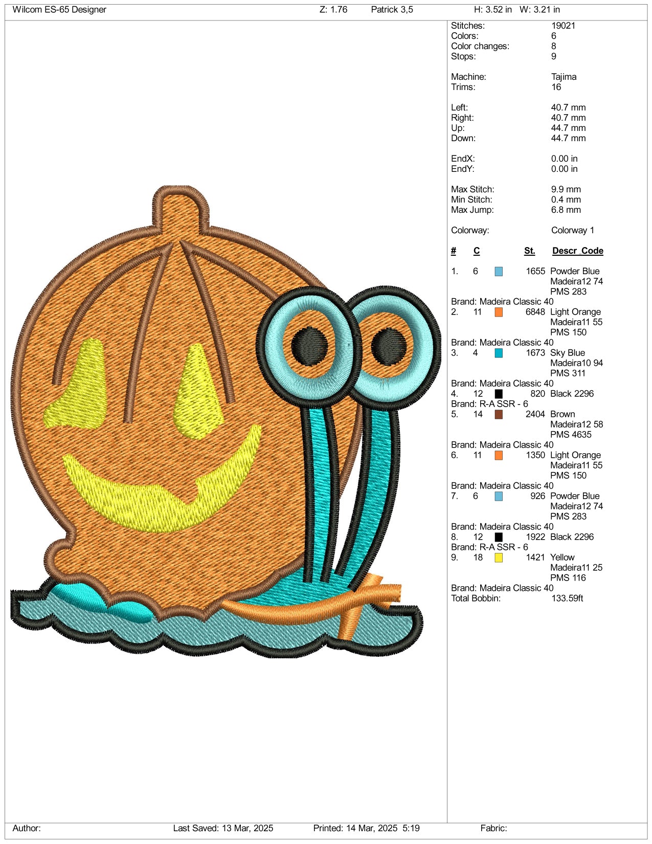 Pumpkin Snail Embroidery Files - 3 Size's