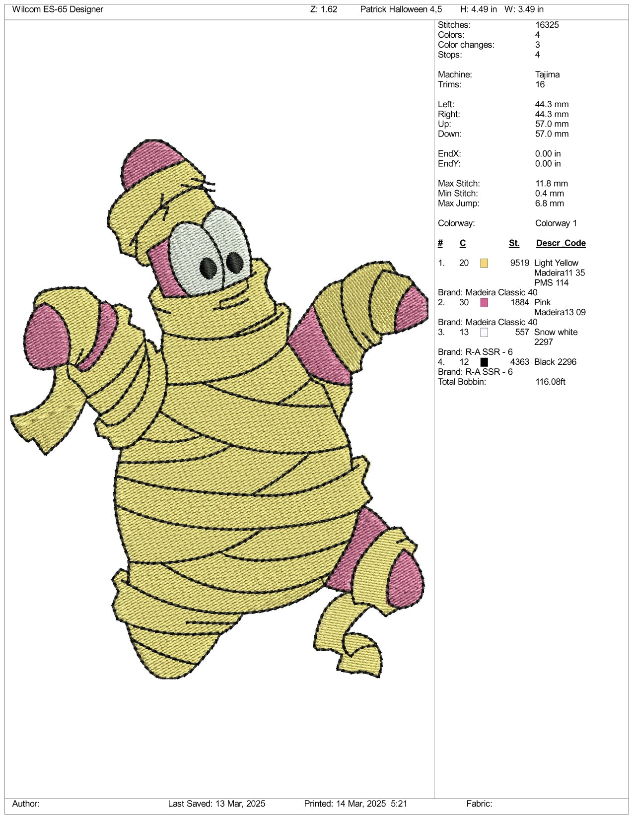 Patrick Star Mummy Embroidery Files - 3 Size's