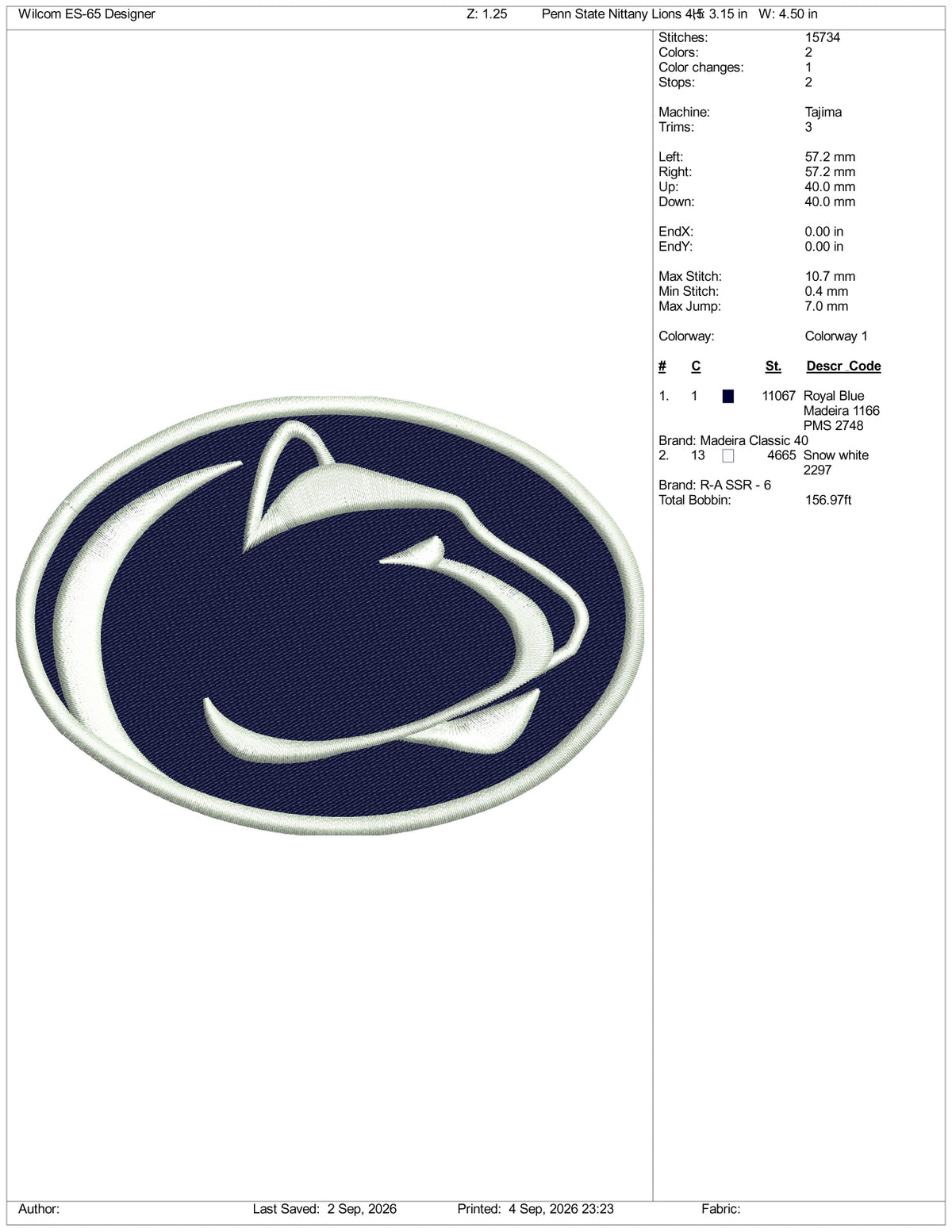 Penn State Nittany Lions Logo Embroidery Design Files - 3 Size's
