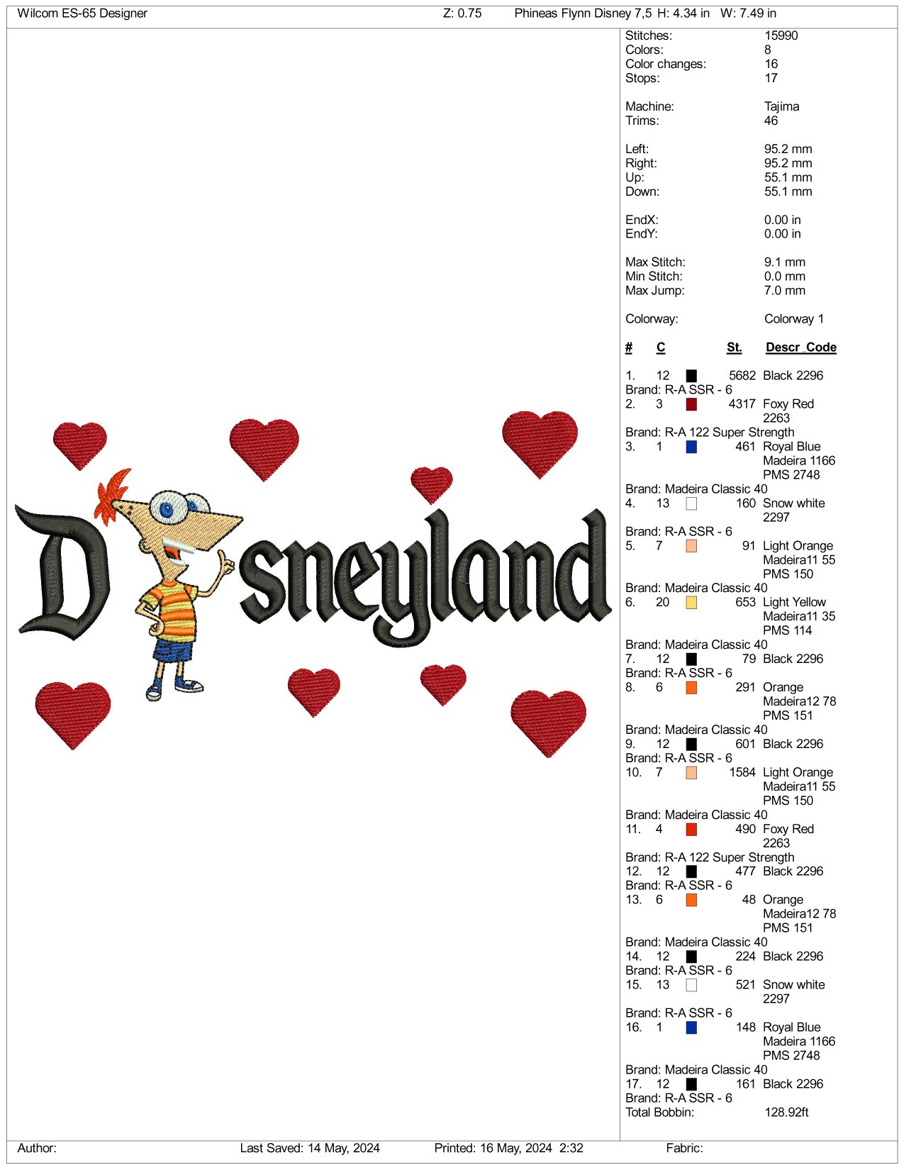 Phineas Flynn Disneyland Embroidery Design Files - 3 Sizes