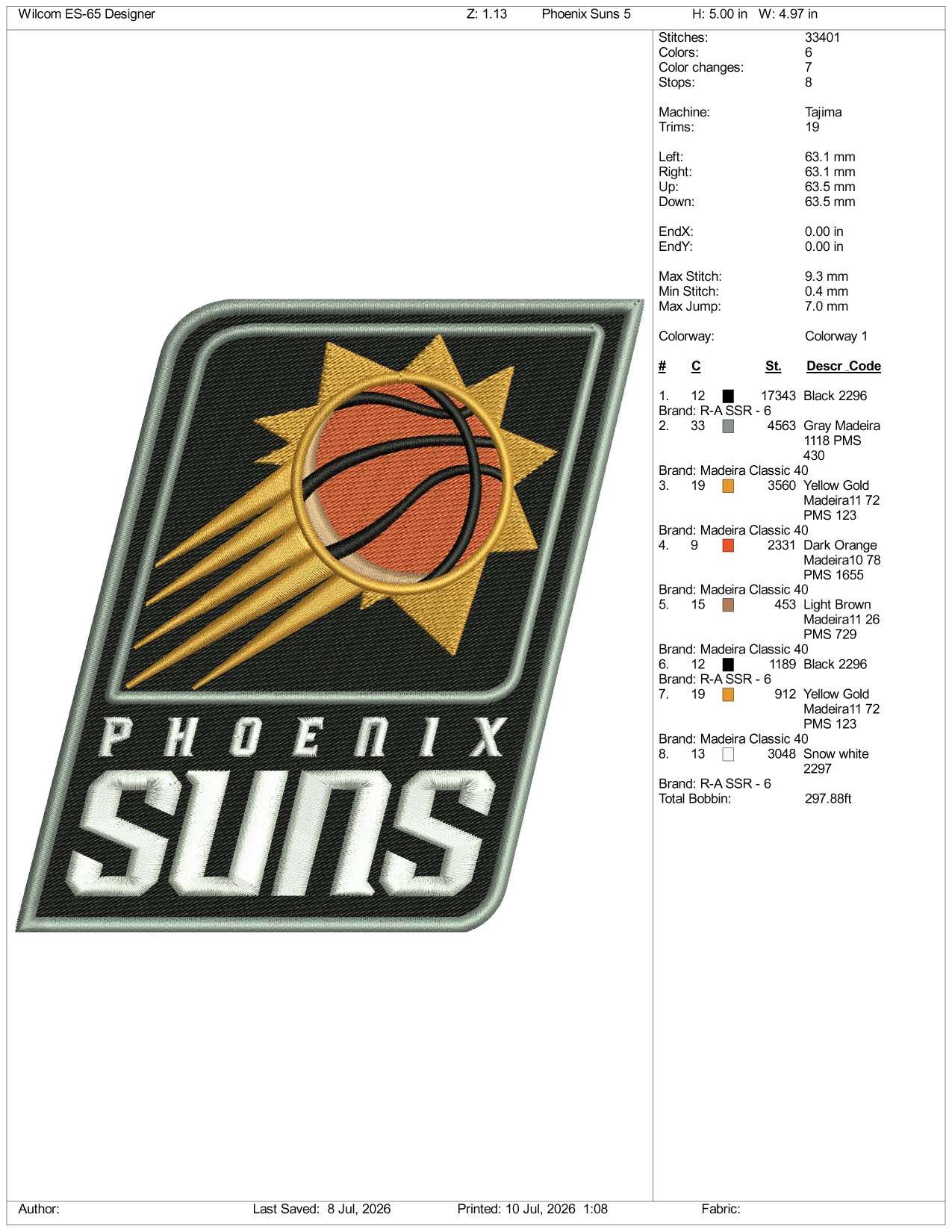 Phoenix Suns Logo Embroidery Design Files - 3 Size's