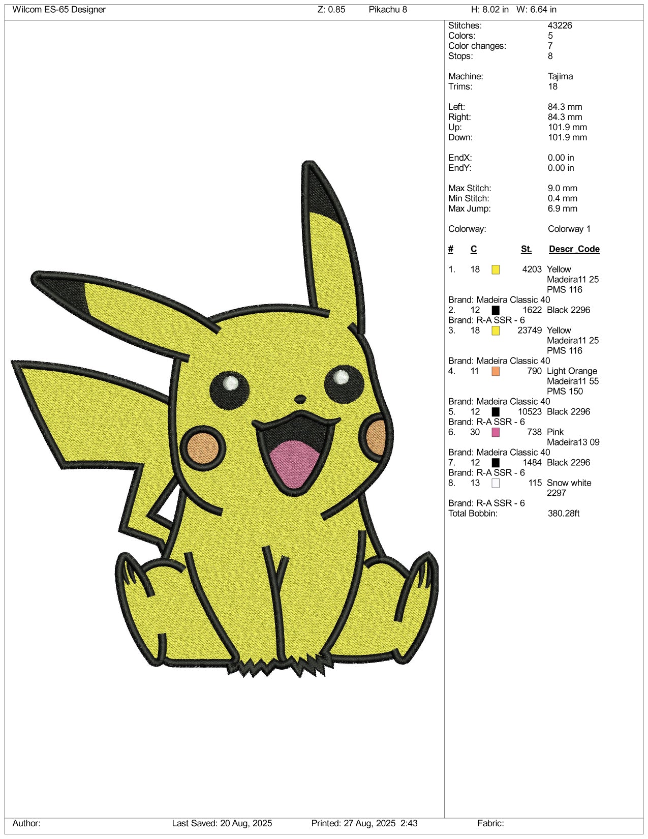 Pikachu Embroidery Design Files - 3 Size's