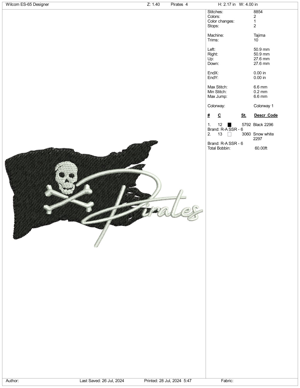 Pirates Flag Embroidery Files - 3 Size's
